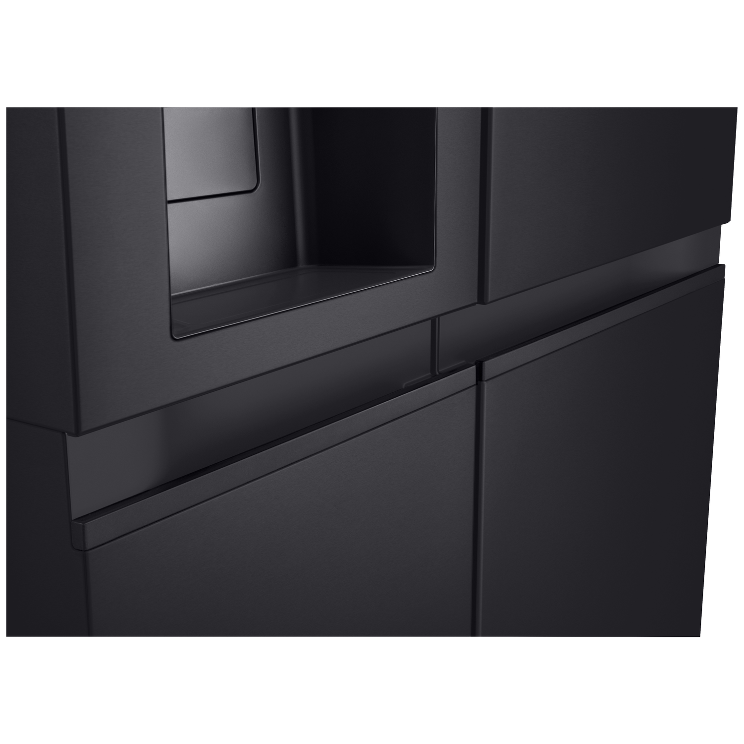 Close-up of a black refrigerator. Handles and door sections are visible, showing a modern design with a sleek, dark finish.