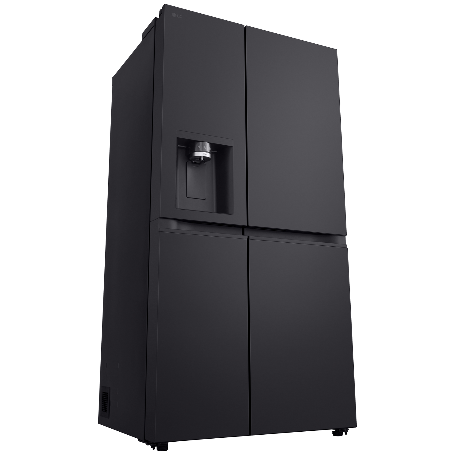 A black LG refrigerator with four doors, a water dispenser, and the LG logo on top, set against a white background.