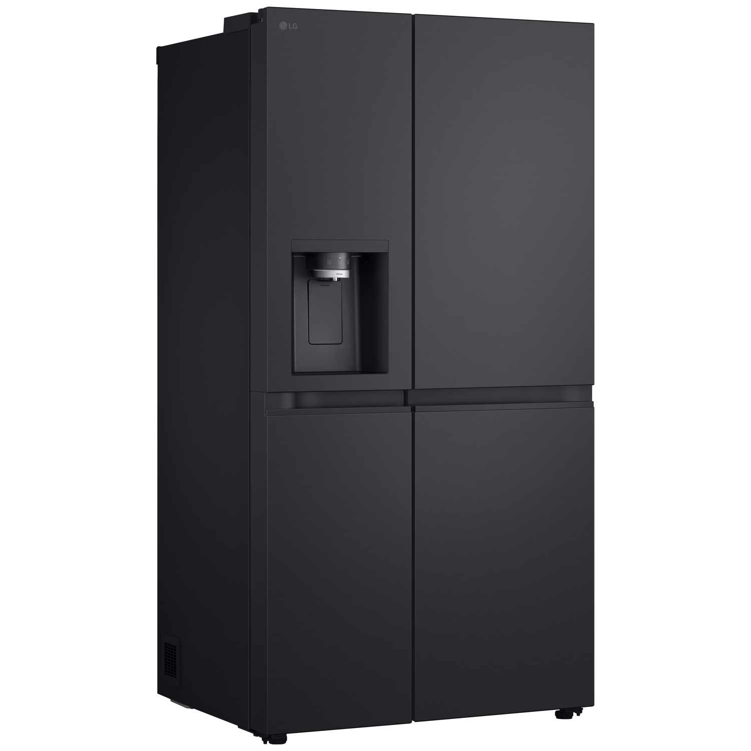 A black LG refrigerator with four doors. It has a water dispenser and ice maker. The background is white.