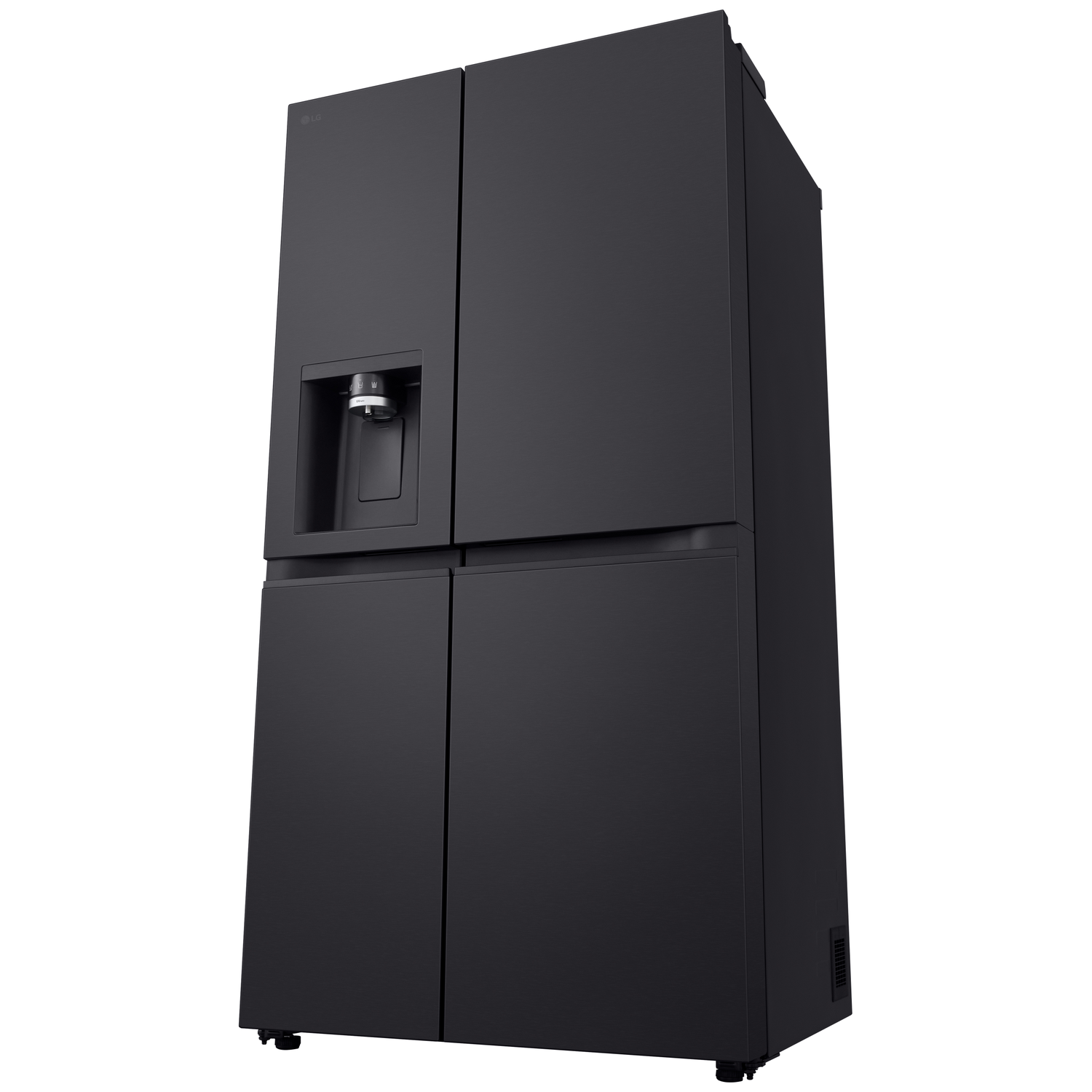 A black LG refrigerator with four doors, a water dispenser, and the LG logo. It stands on a white background.