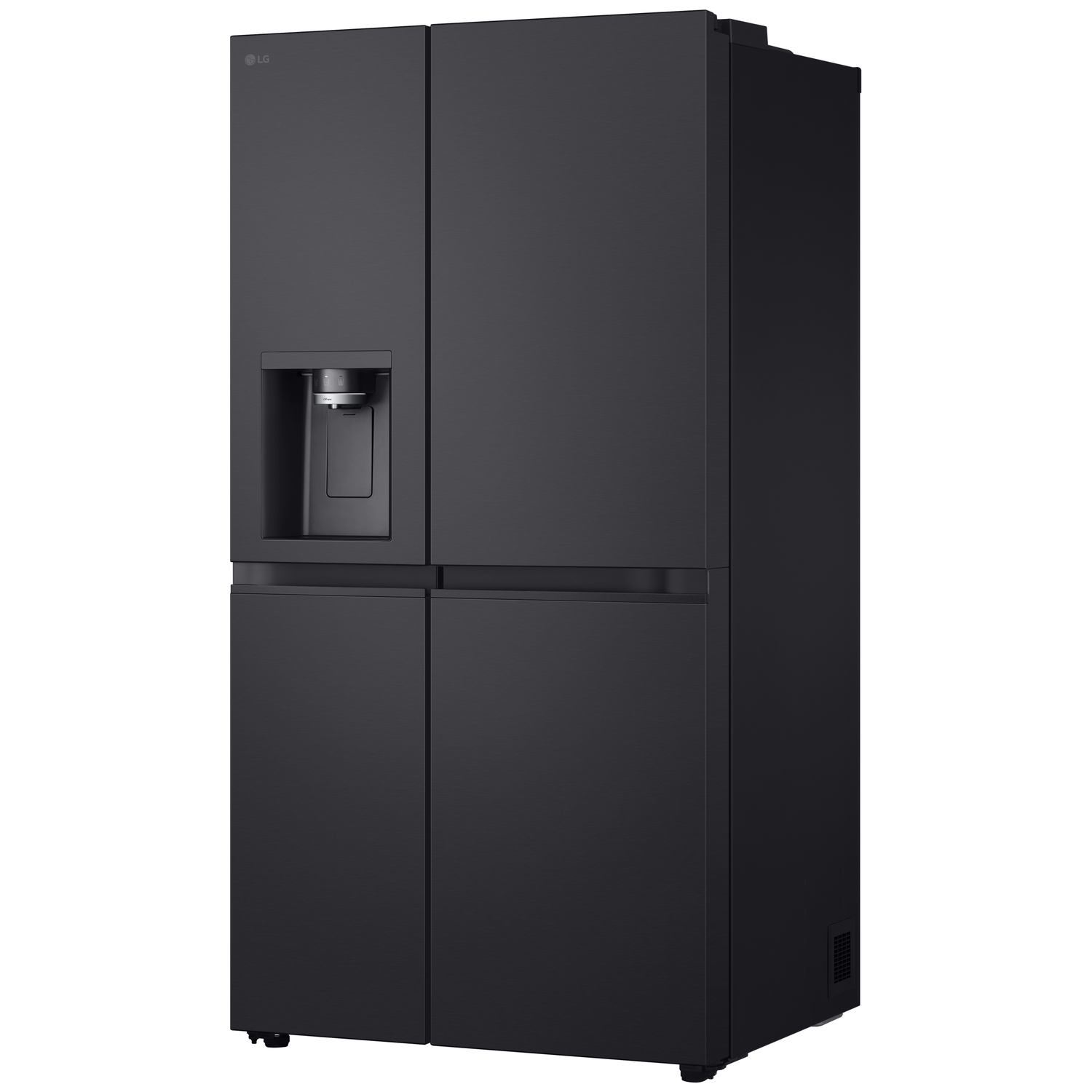 A black LG side-by-side refrigerator. It has a water dispenser, multiple doors, and a sleek, modern design against a white background.