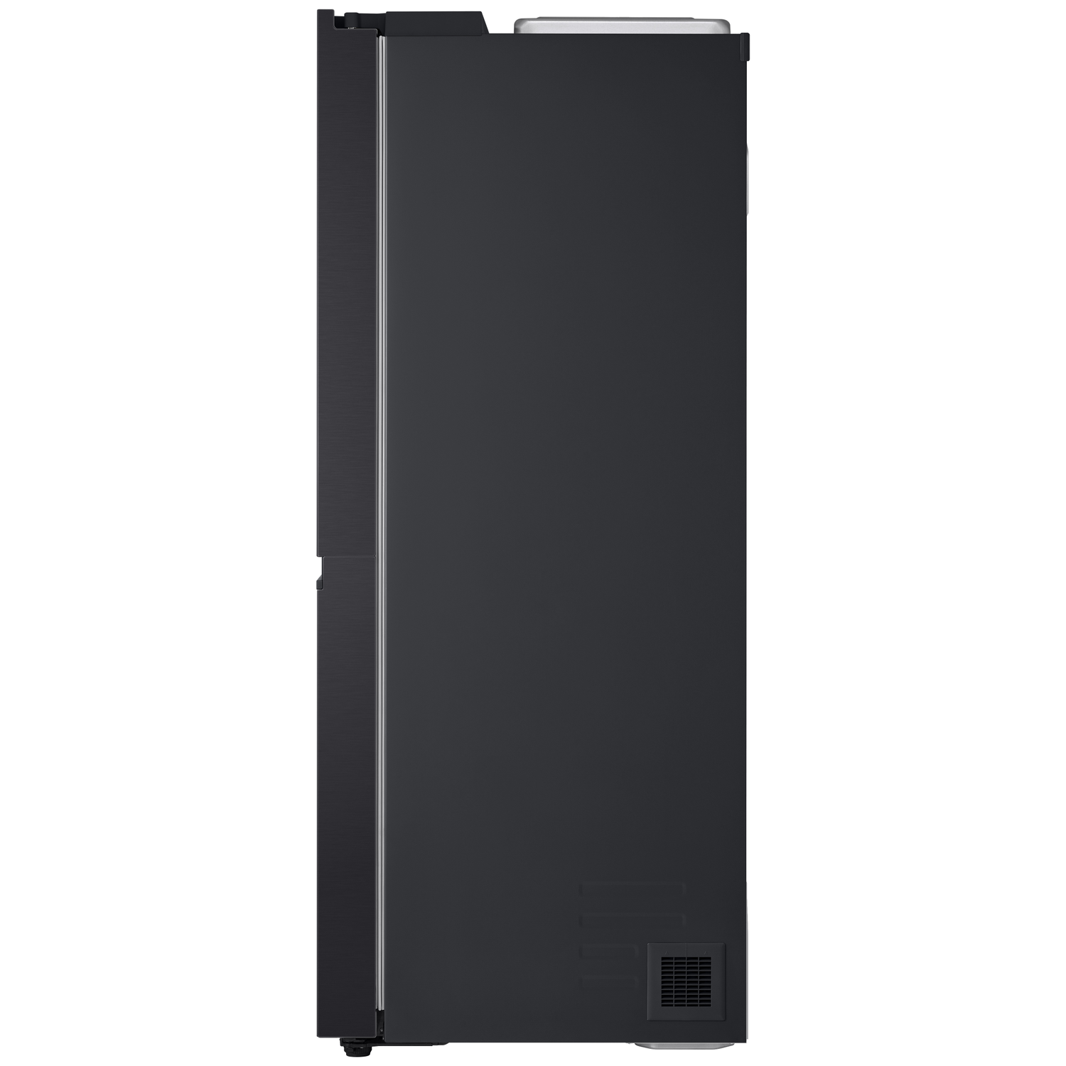 Side view of a black refrigerator with silver trim, a top, and a vent at the bottom.