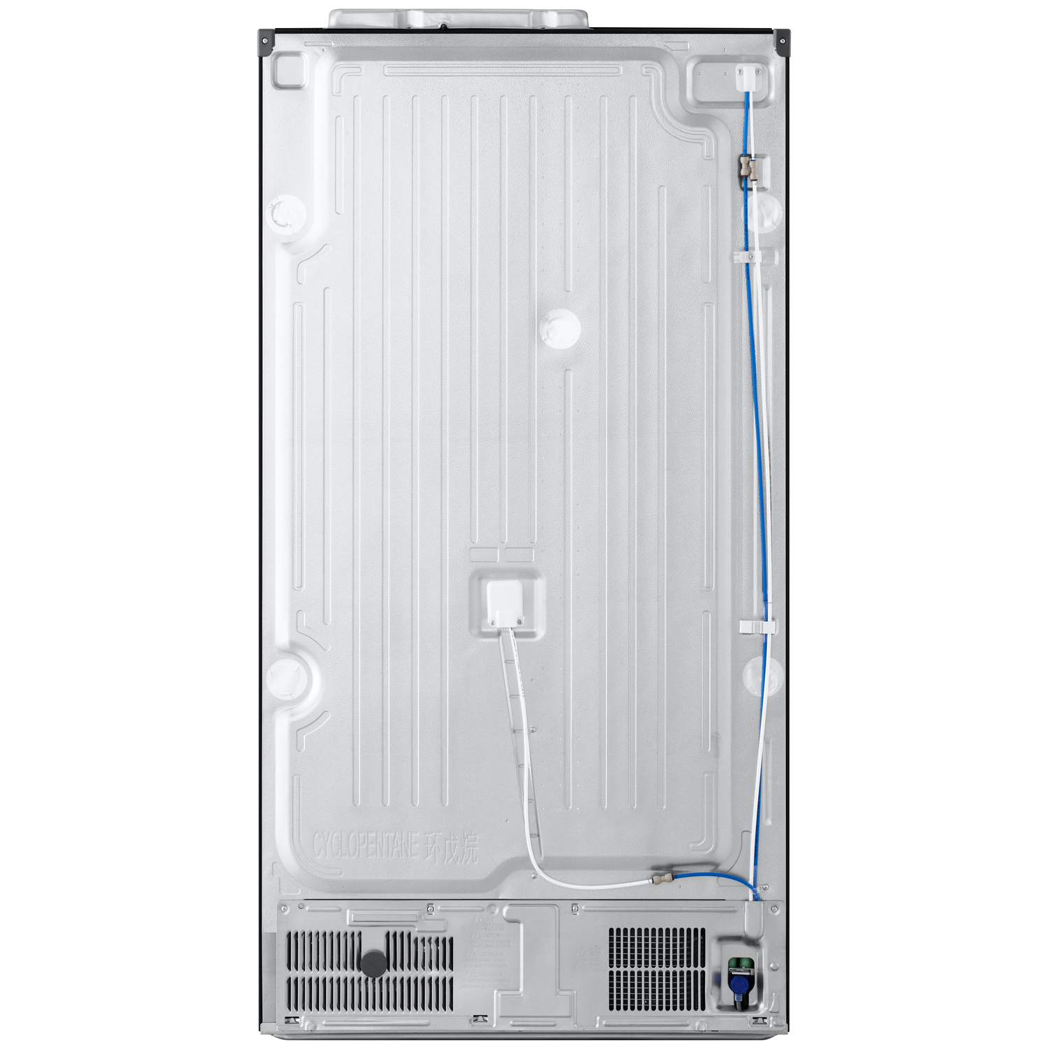 The back of a refrigerator. It features silver metal with various components, including tubes, vents, and a sticker with Chinese characters.
