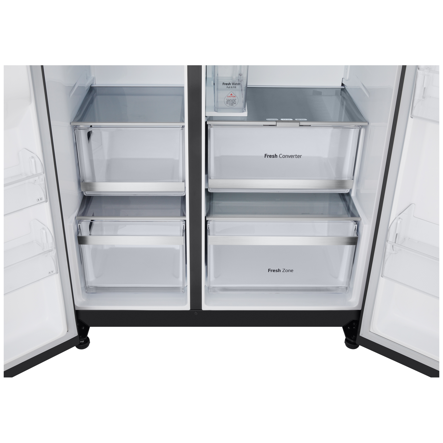Open refrigerator interior view. Features shelves, drawers labeled 'Fresh Converter' and 'Fresh Zone'. A water dispenser is visible.