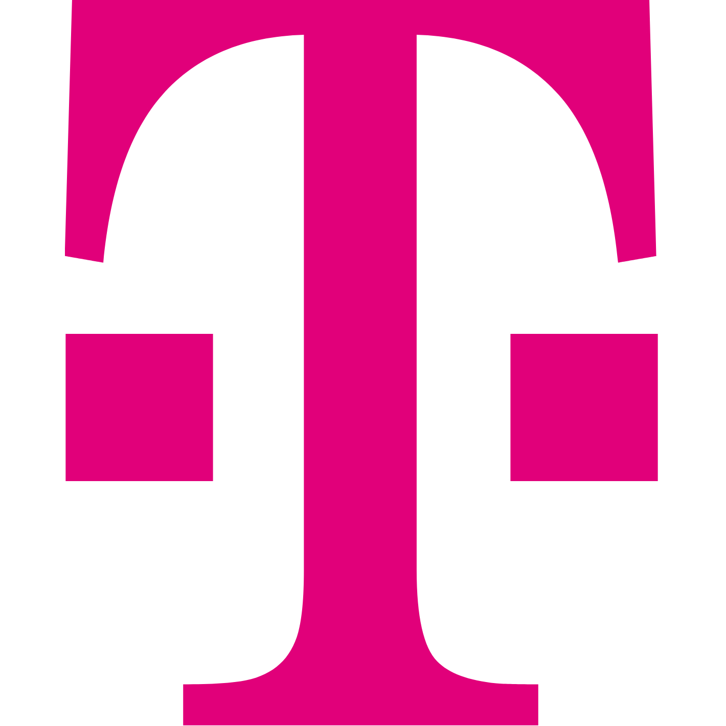 Das T-Mobile-Logo. Ein großes magenta 'T' mit zwei magentafarbenen Quadraten auf weißem Hintergrund.