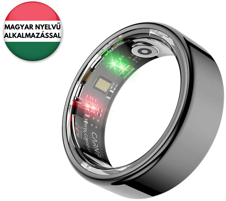 Egy okosgyűrű zöld és piros fényekkel, a magyar zászló jelvénye mellett, a 'Magyar nyelvű alkalmazással' felirattal.