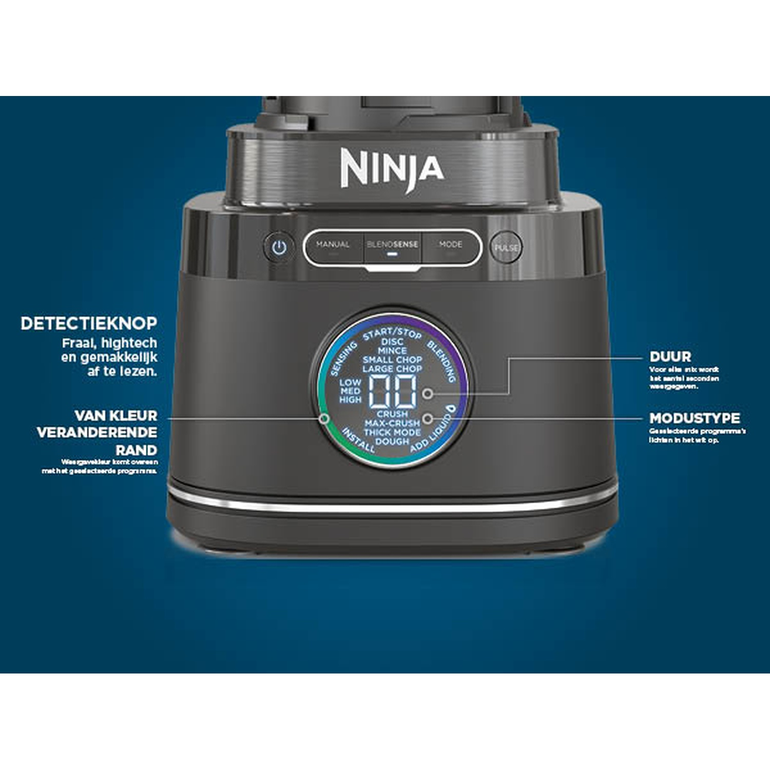 Un blender Ninja avec des boutons, un écran numérique et des étiquettes de texte pour des fonctions comme 'Manual' et 'Pulse'.