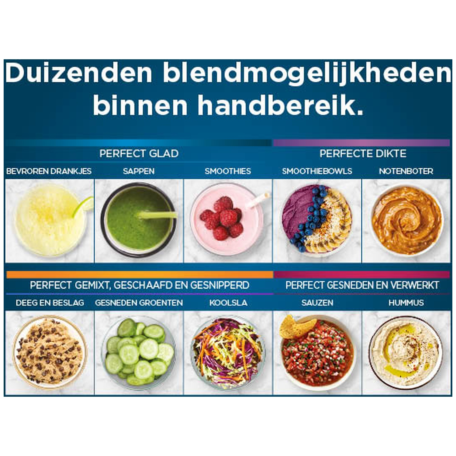 Image présentant des options alimentaires: smoothies, houmous, etc. Le texte dit: 'des milliers de possibilités de mélange à portée de main'.