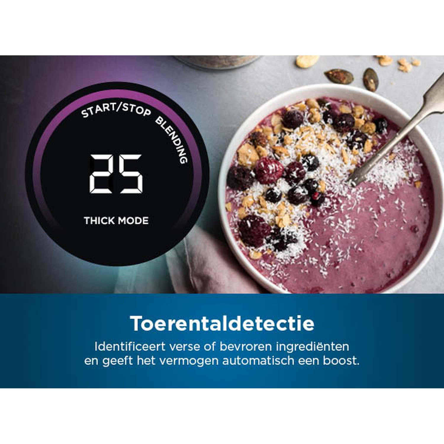 Un bol de smoothie avec des baies, des flocons et une cuillère. Un panneau de commande de mixeur avec minuterie est visible. Texte : Toerentaldetectie.