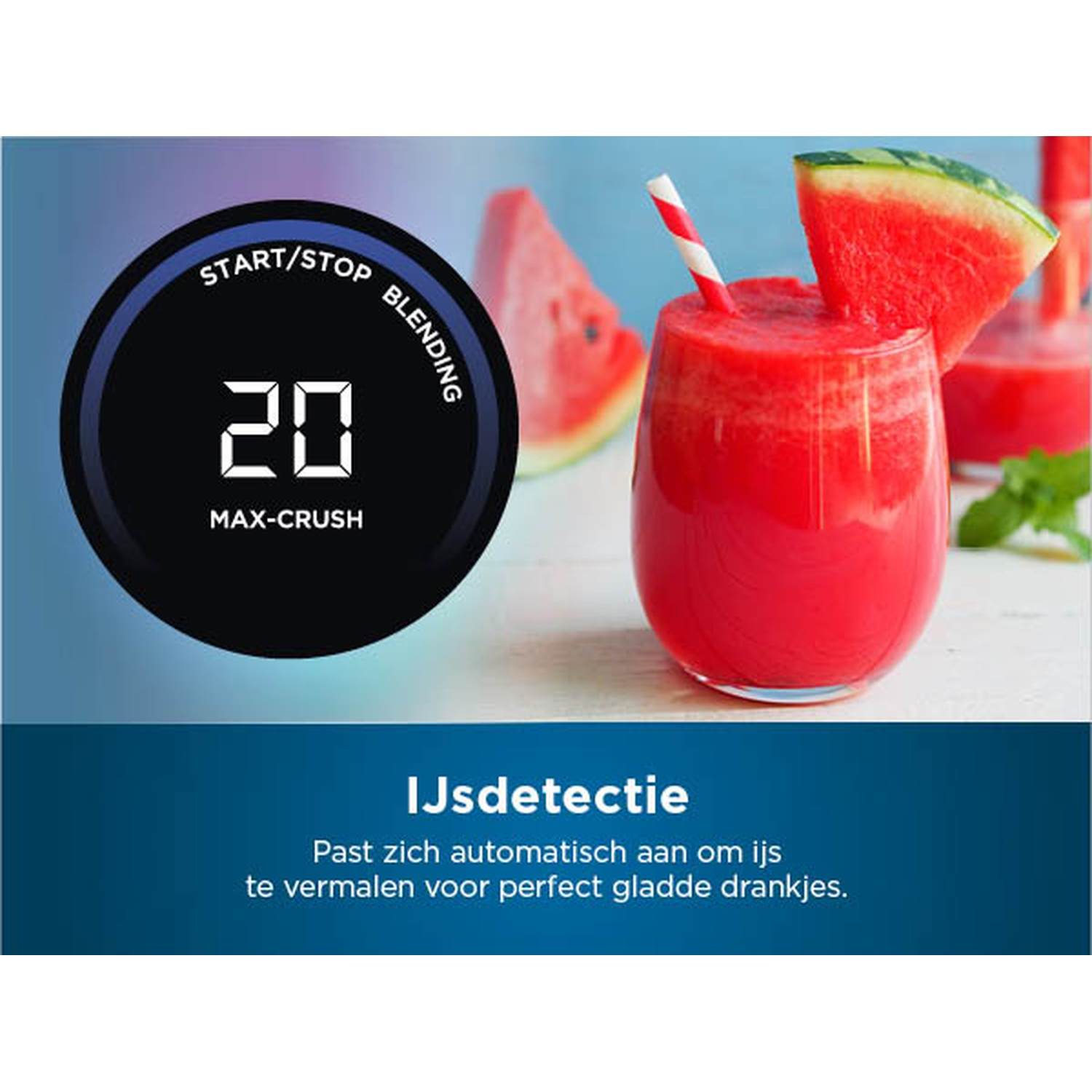Un verre de smoothie rouge avec une tranche de pastèque et une paille. Une minuterie affiche 20 et le texte dit 'IJsdetectie'.