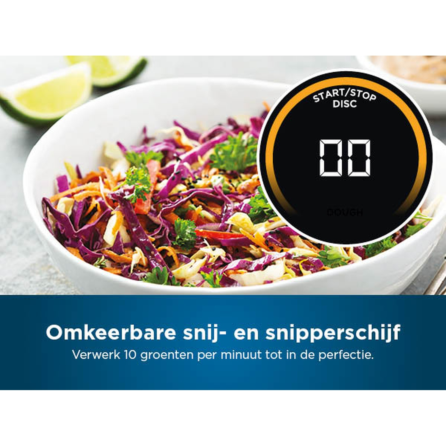 Un bol de salade avec chou rouge, carottes et persil. Une minuterie affiche 00. Texte : disque de coupe réversible, traiter 10 légumes par minute.
