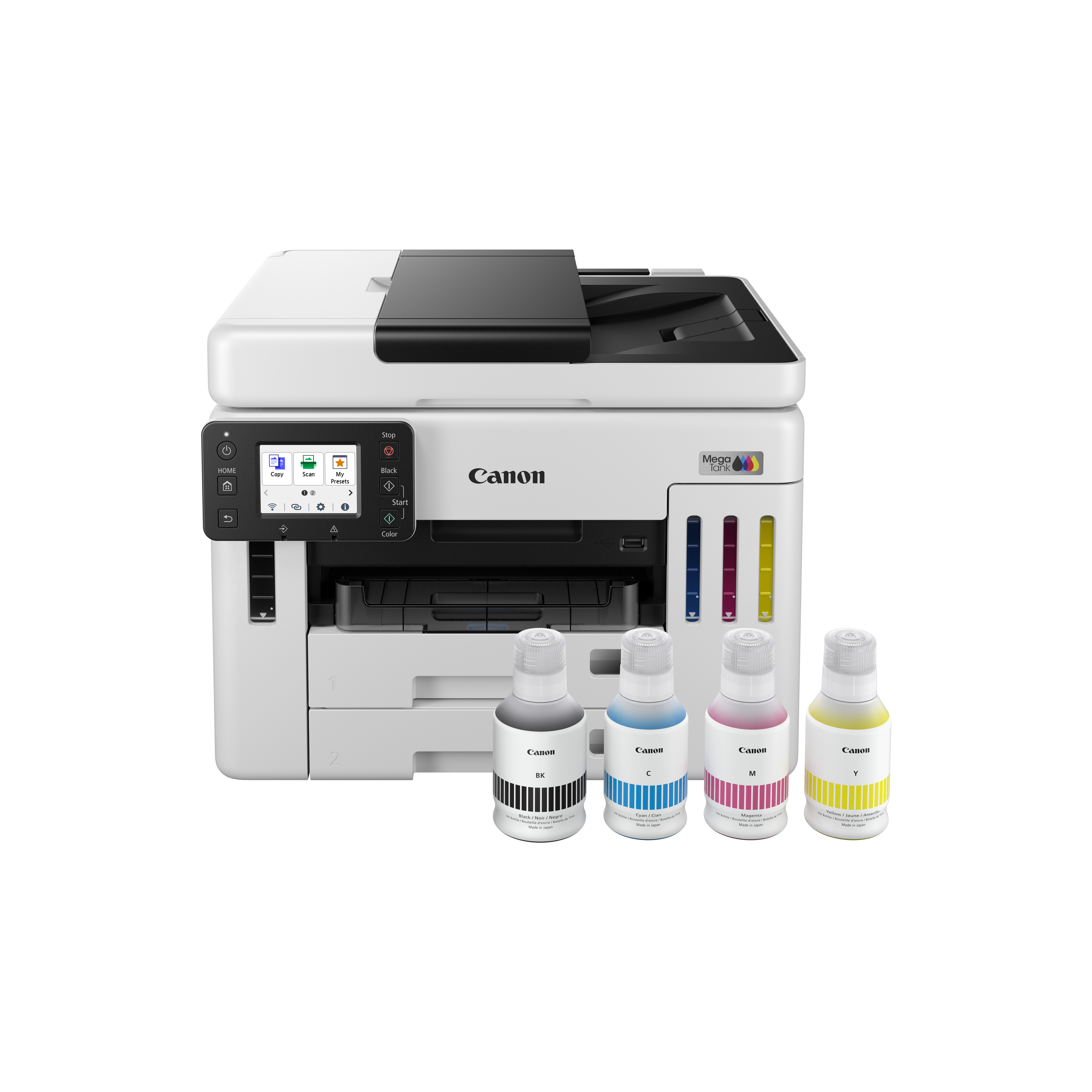 Ein weißer Canon-Drucker mit schwarzen Tintenflaschen. Tintenfarben sind Schwarz, Cyan, Magenta und Gelb.