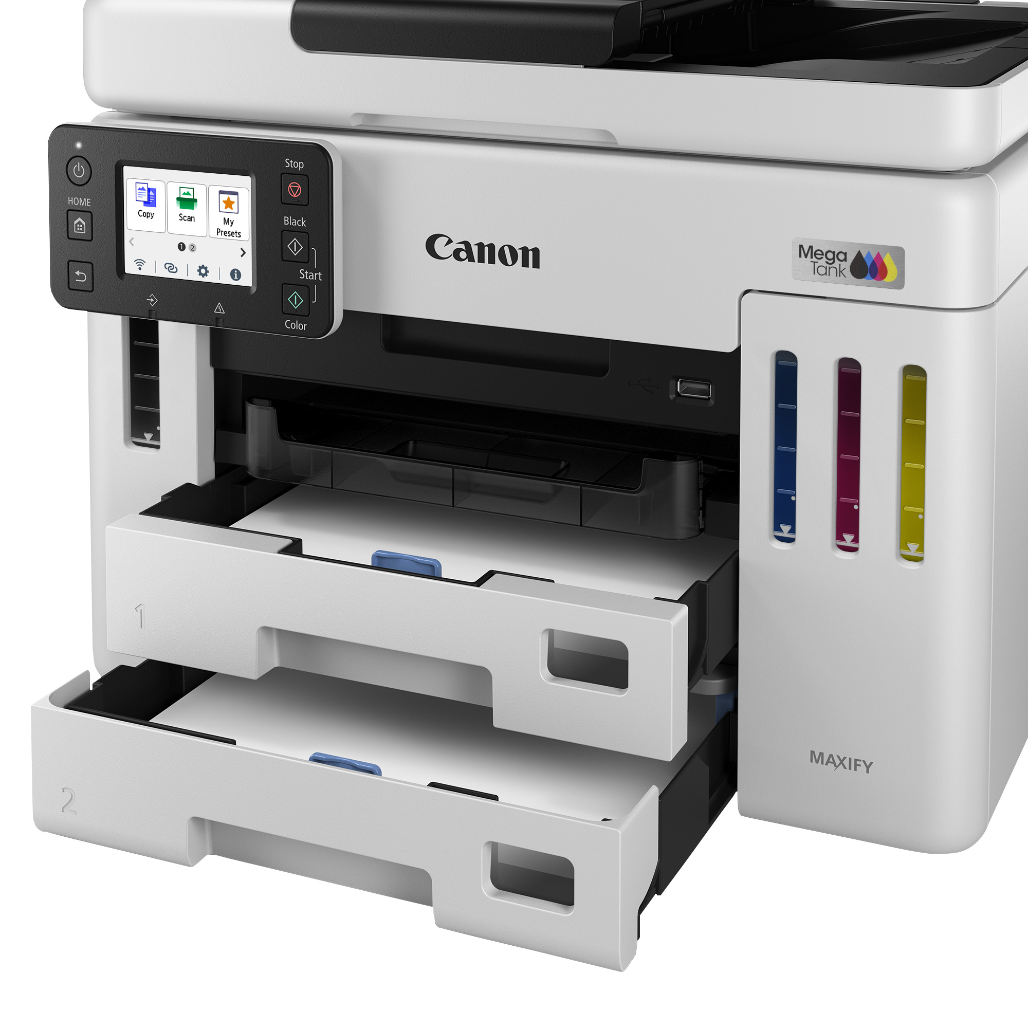 Ein weißer Canon-Drucker, offene Fächer, Bedienfeld mit Bildschirm. Tintenstandsanzeigen sind sichtbar. Das Wort MAXIFY ist geschrieben.
