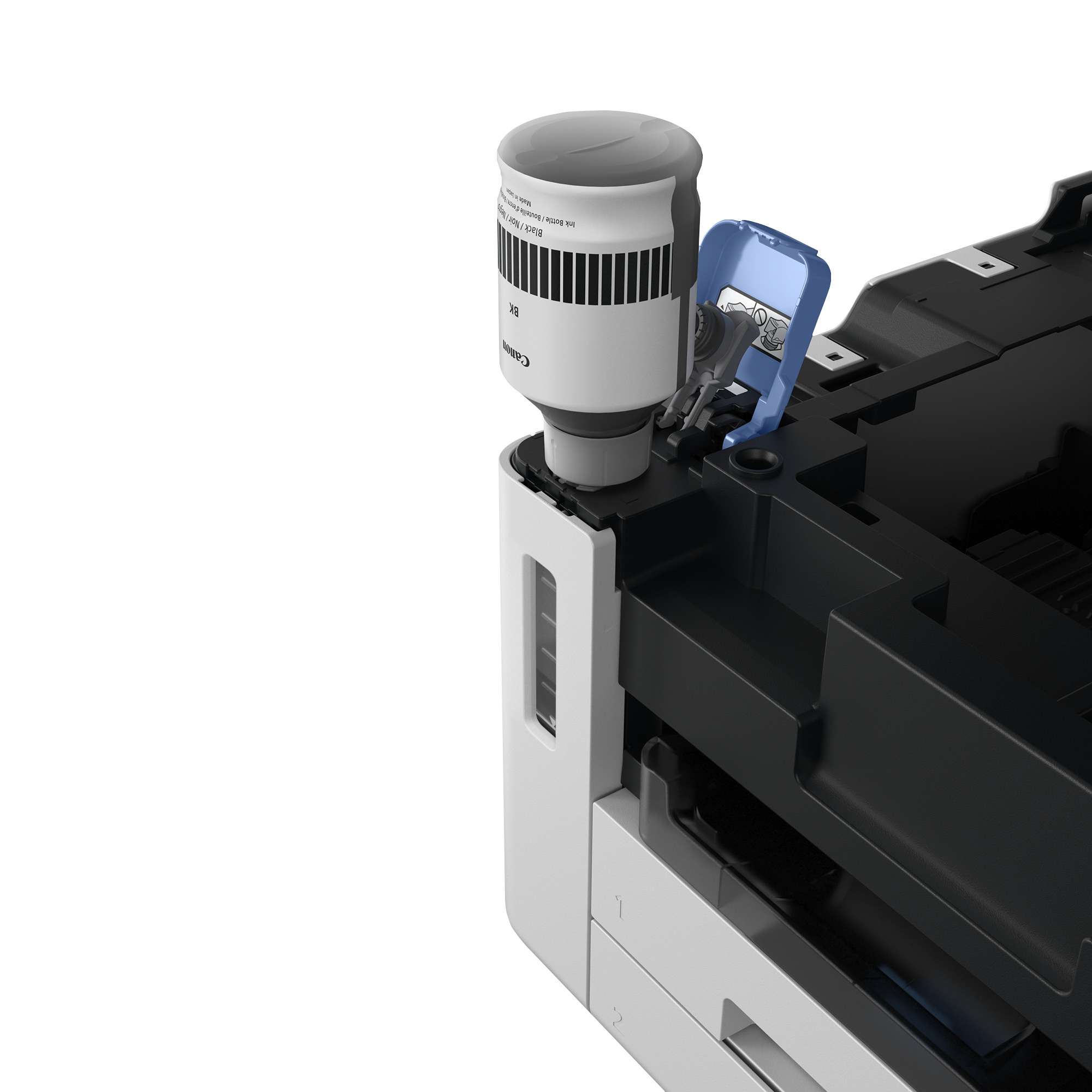 Ein Drucker mit einer schwarzen Tintenflasche, die installiert wird. Der Drucker ist weiß und schwarz, mit einem blauen Bauteil.