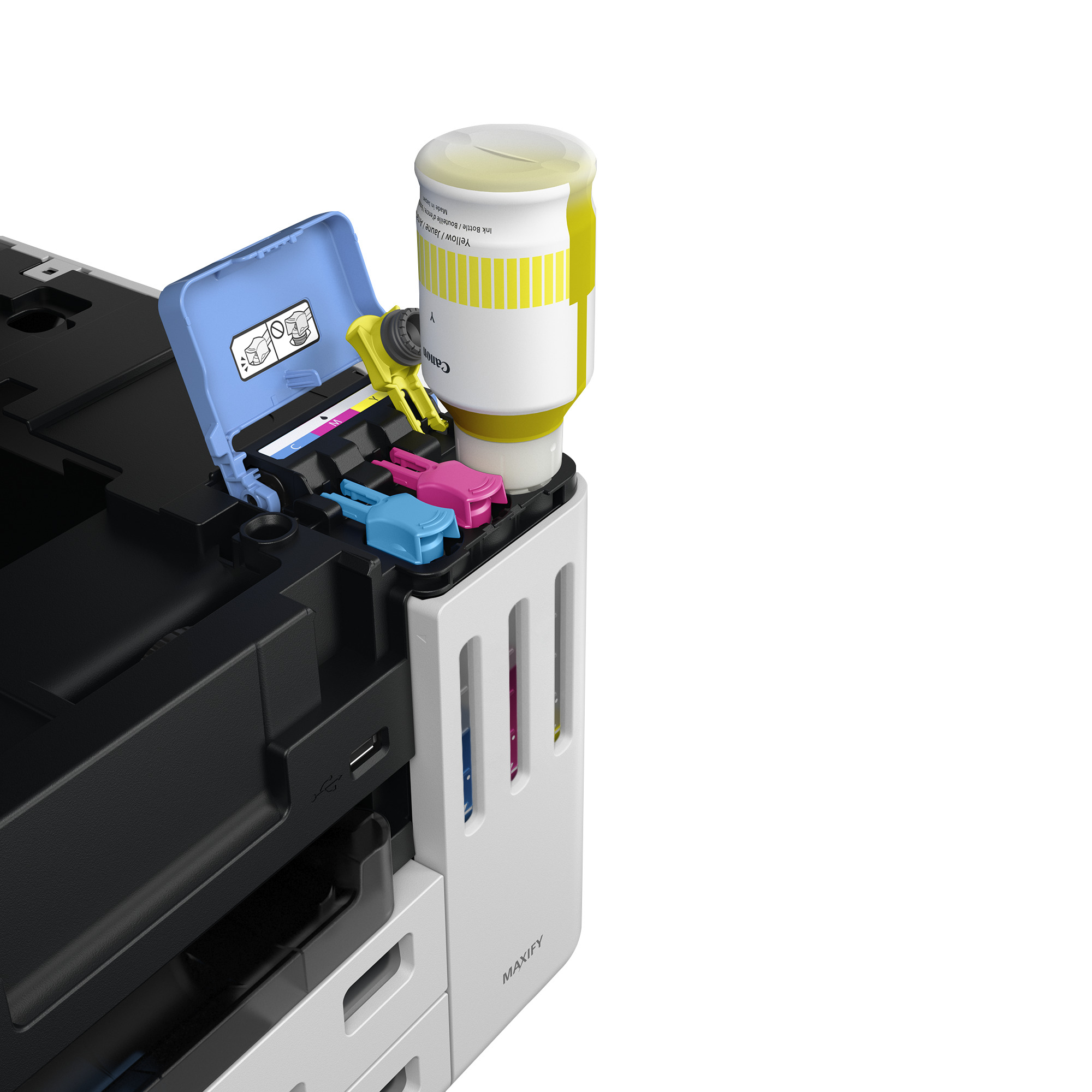 Ein Drucker mit Tintenflaschen. Eine gelbe Tintenflasche wird in den Drucker eingesetzt. Andere Farben wie Blau und Pink sind sichtbar.