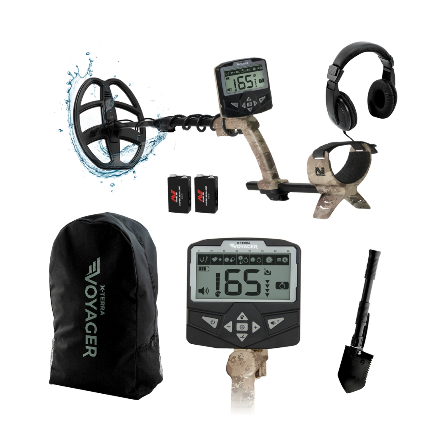 Metal detector con cuffie, borsa nera, pala e batterie. Il rilevatore mostra 165.