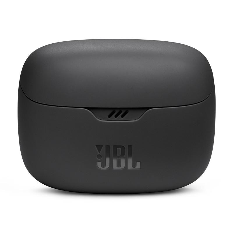 Ein schwarzes JBL-Kopfhörer-Etui wird angezeigt. Das Etui hat eine ovale Form mit dem JBL-Logo unten. Das Etui ist geschlossen.