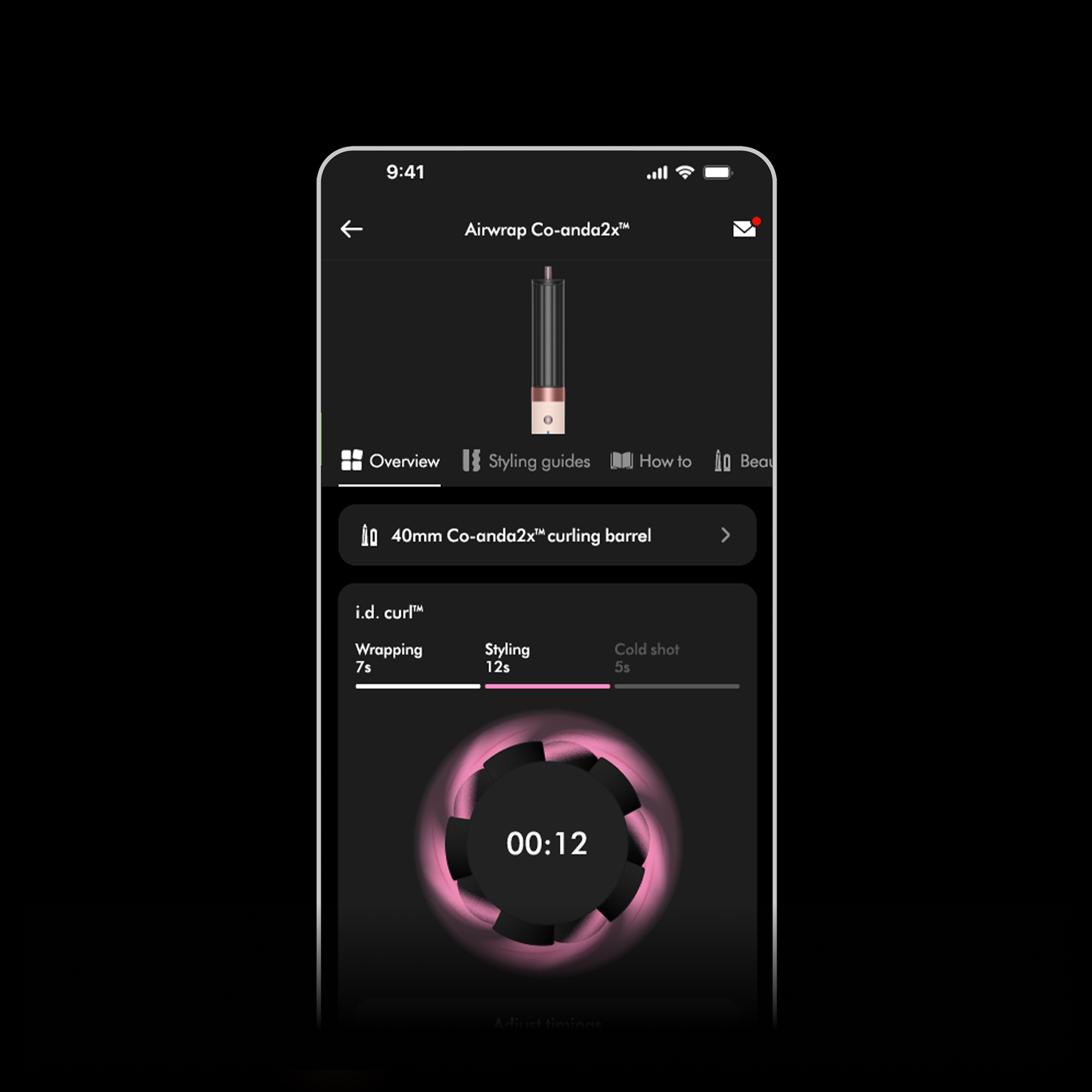 Ekran telefonu pokazuje instrukcje stylizacji włosów z timerem, ikoną lokówki i różową animacją kołową.
