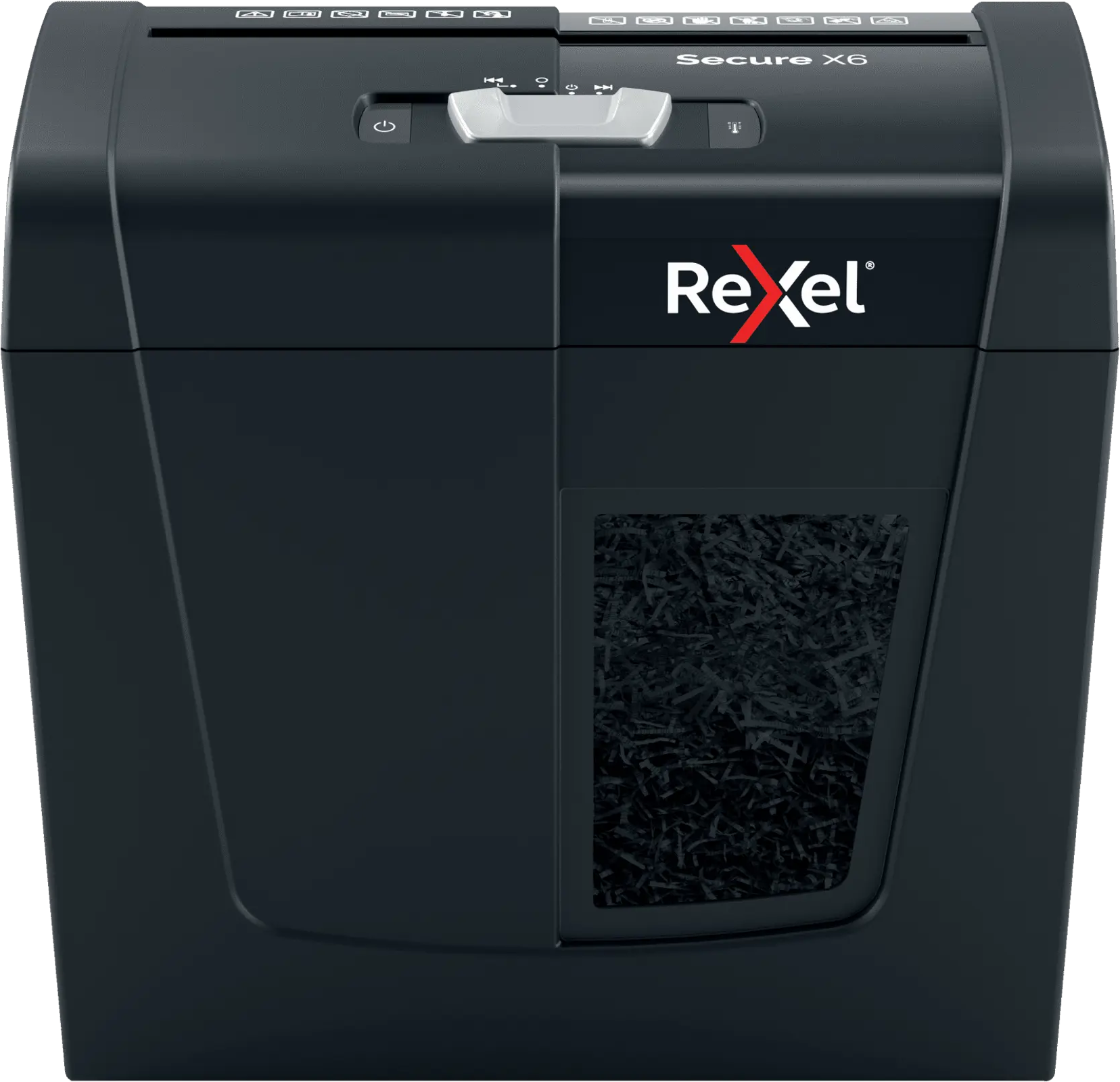 Fekete Rexel Secure X6 iratmegsemmisítő. Aprított papír látható. Bekapcsoló és funkció gombok.