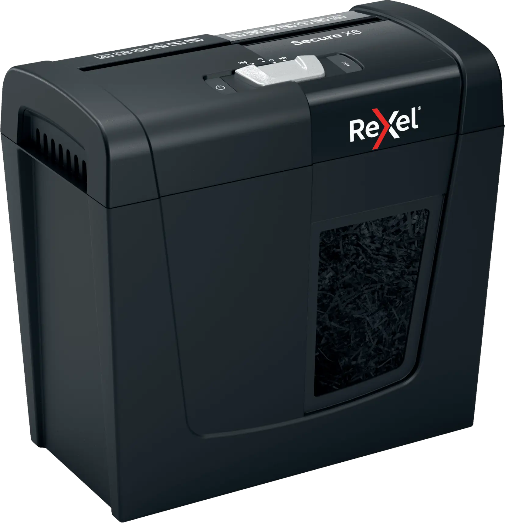 Egy fekete Rexel Secure X6 iratmegsemmisítő. Van rajta bekapcsológomb, kezelőpanel és egy ablak az iratmegsemmisítéshez.