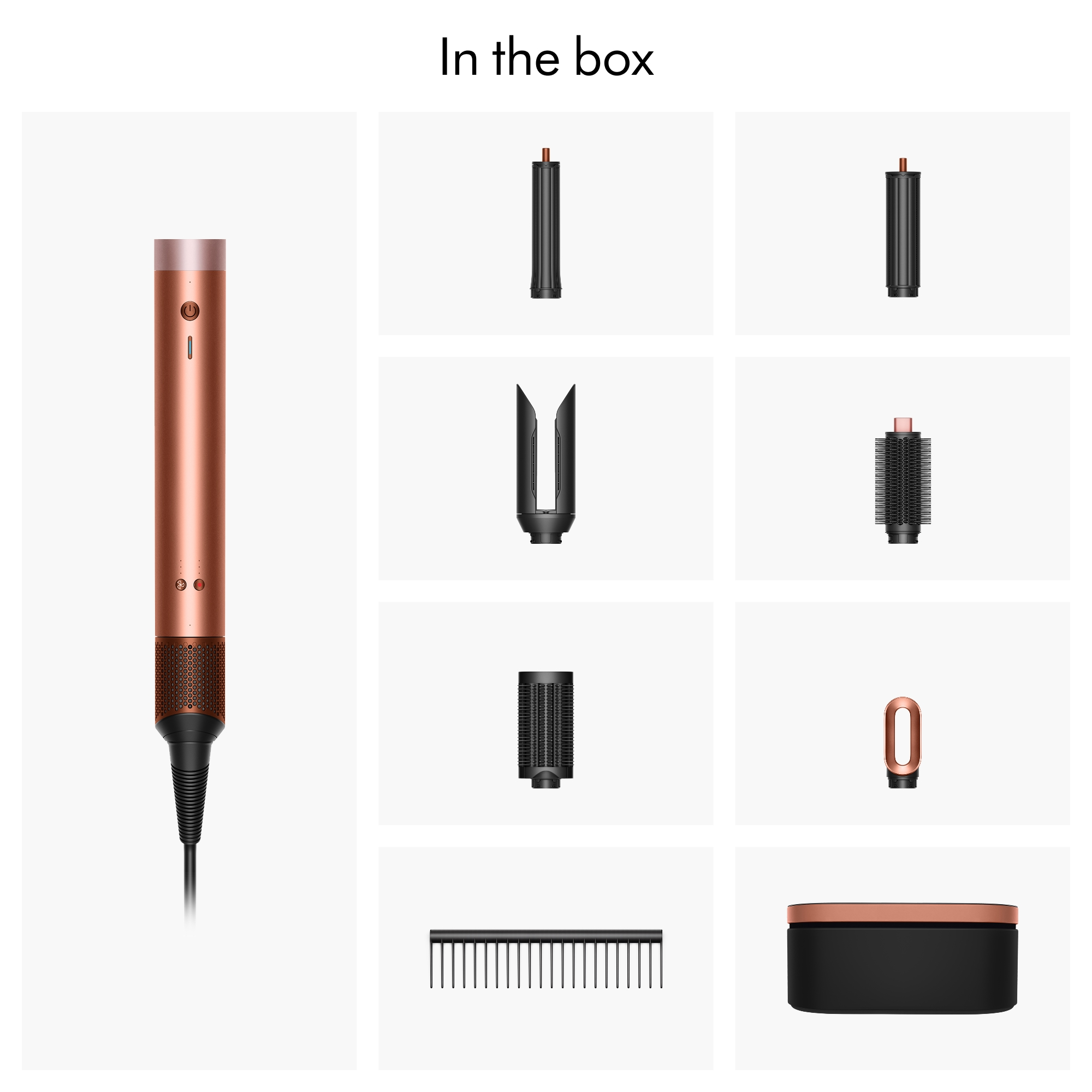 Miedziane narzędzie do stylizacji włosów i jego akcesoria są wyświetlane na białym tle, z etykietą "W pudełku".
