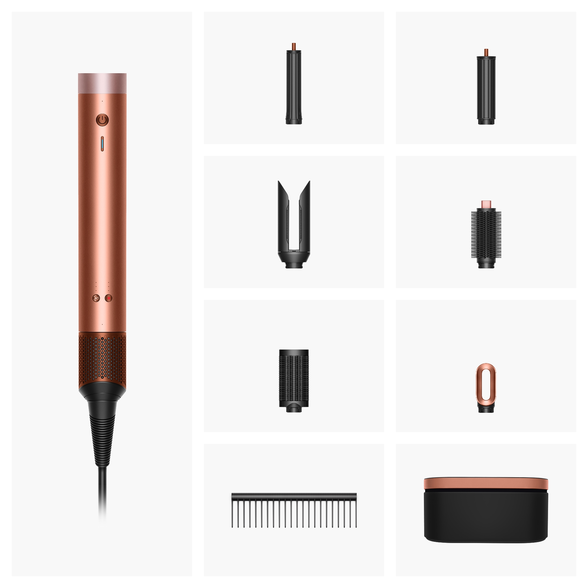 Miedziane narzędzie do stylizacji włosów z akcesoriami. Zawiera jednostkę główną, głowice, grzebień i czarne pudełko.