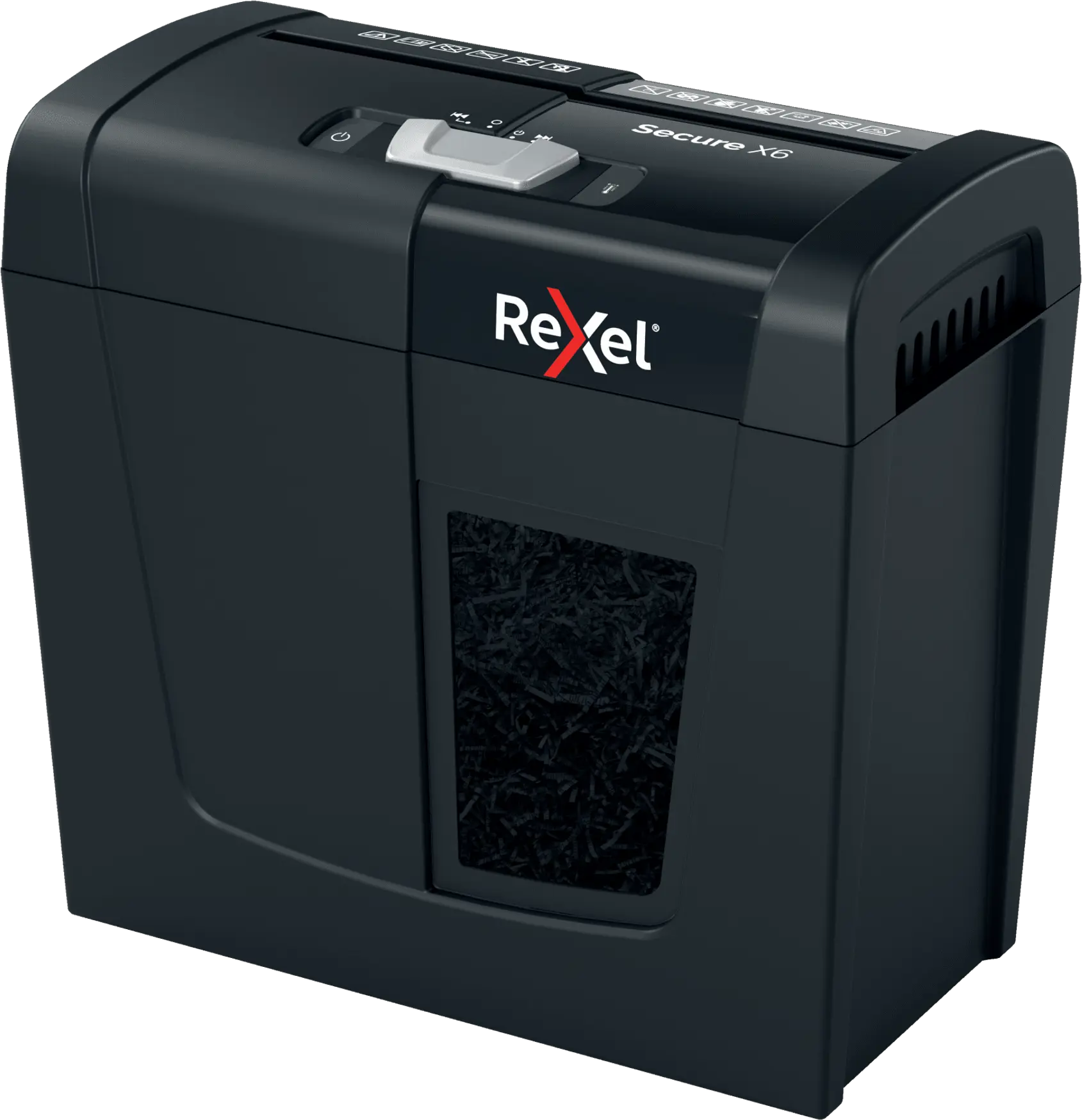 Egy fekete Rexel Secure X6 papírmegsemmisítő, nézőablakkal. Fekete háttéren.