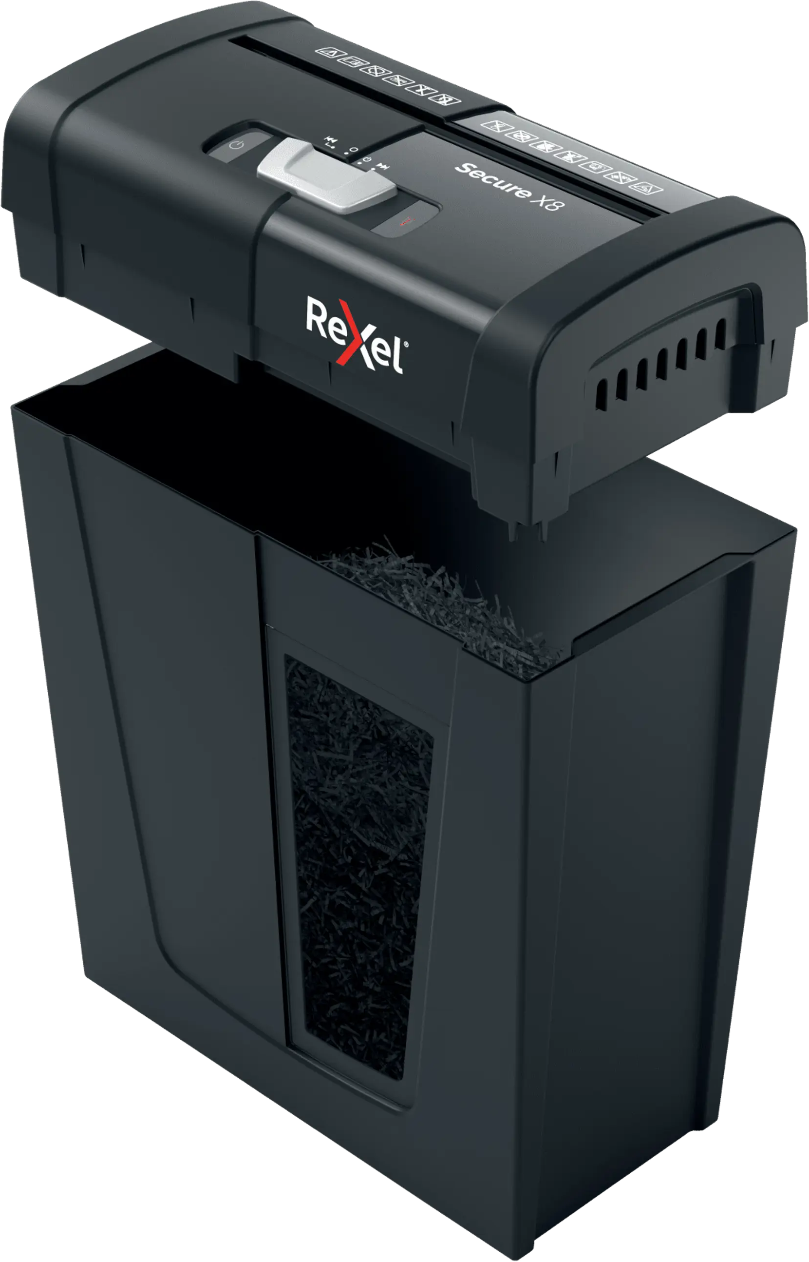 Egy fekete Rexel Secure X8 iratmegsemmisítő nyitva van. A darált papír alul tölti a tartályt. Fehér logó felül.