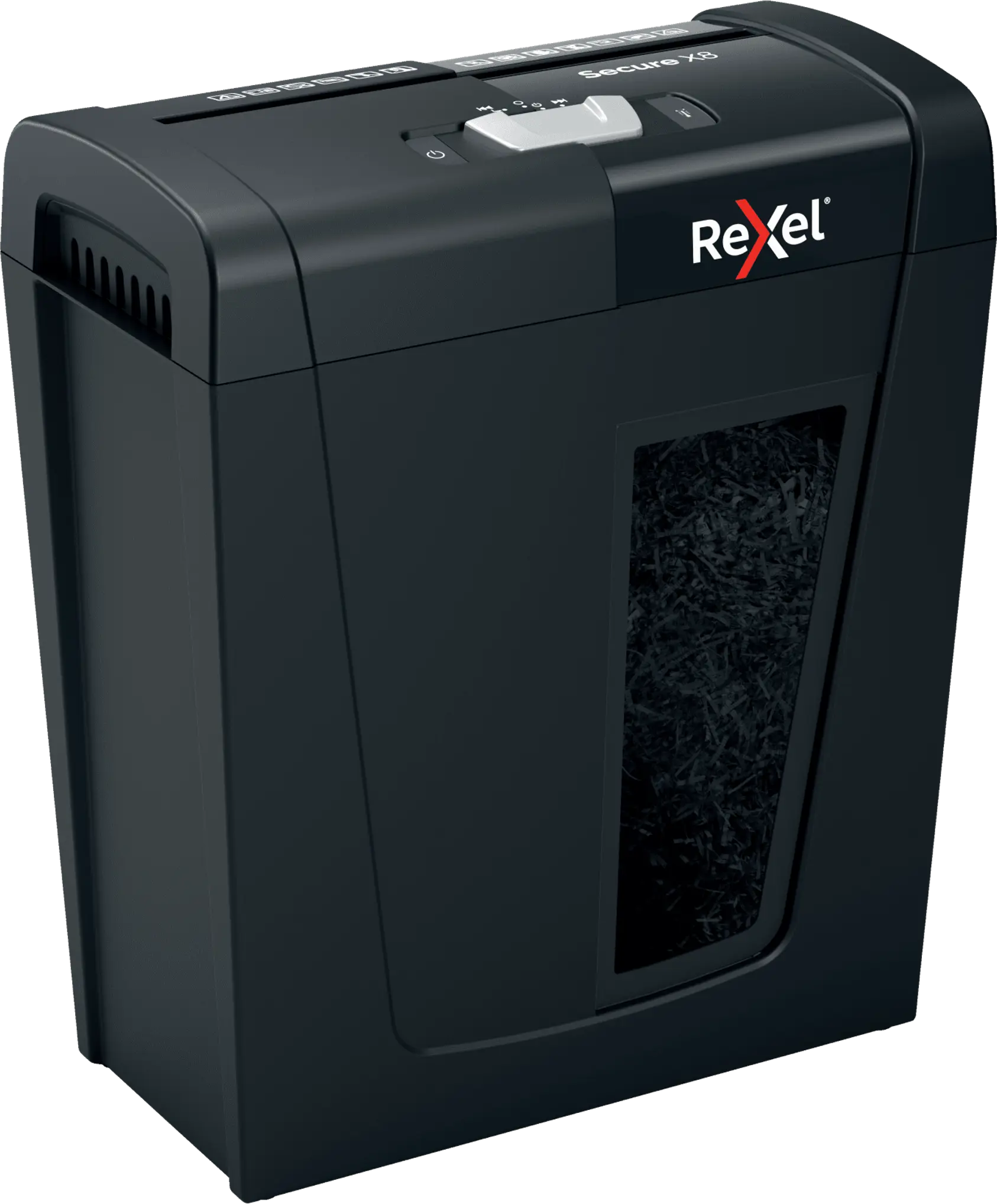 Egy fekete Rexel Secure X8 iratmegsemmisítő. Van rajta egy bekapcsológomb, és egy ablak az aprított papír megtekintéséhez.