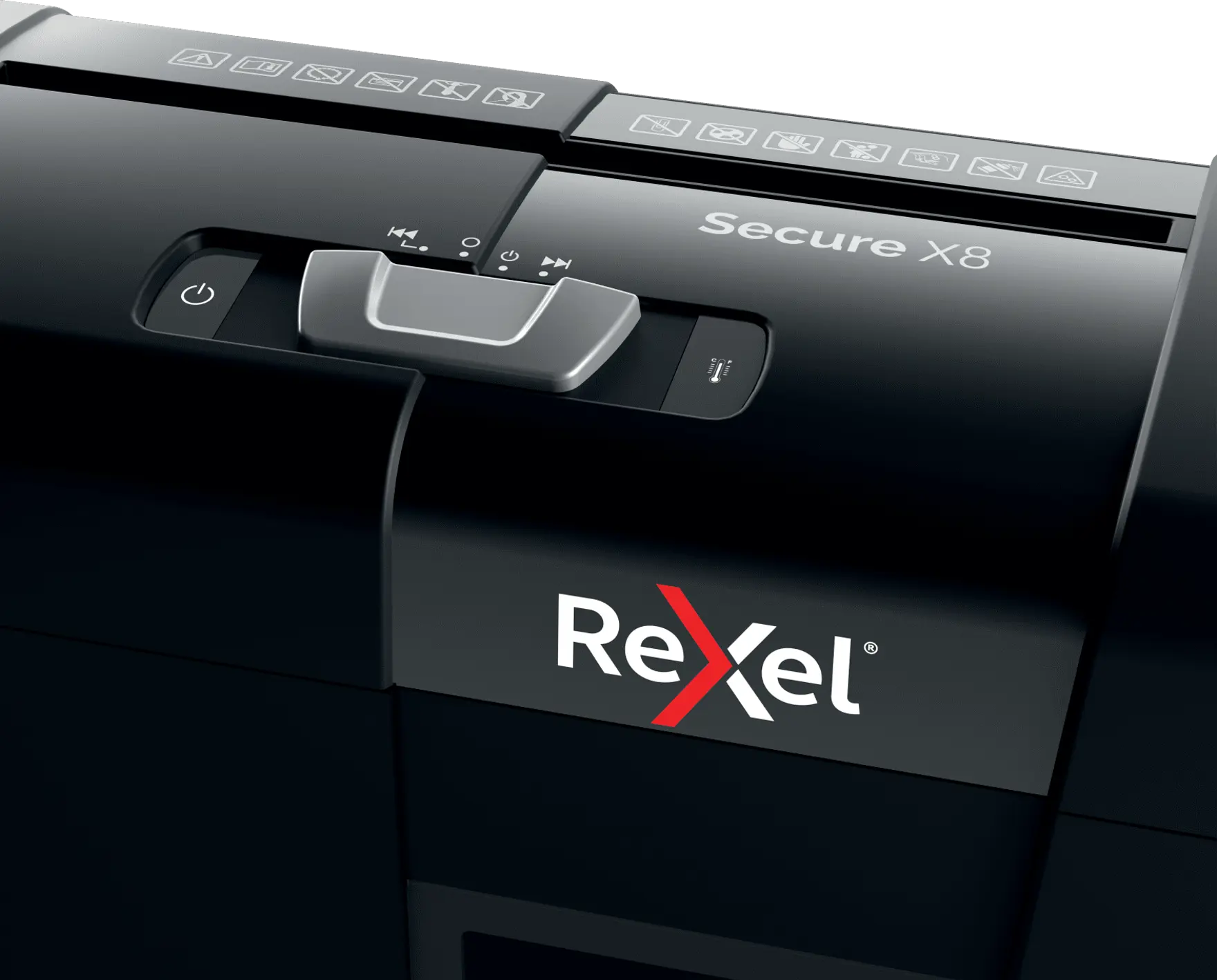 Egy fekete Rexel Secure X8 iratmegsemmisítő. Van rajta bekapcsológomb, kezelőpanel és a Rexel logója.