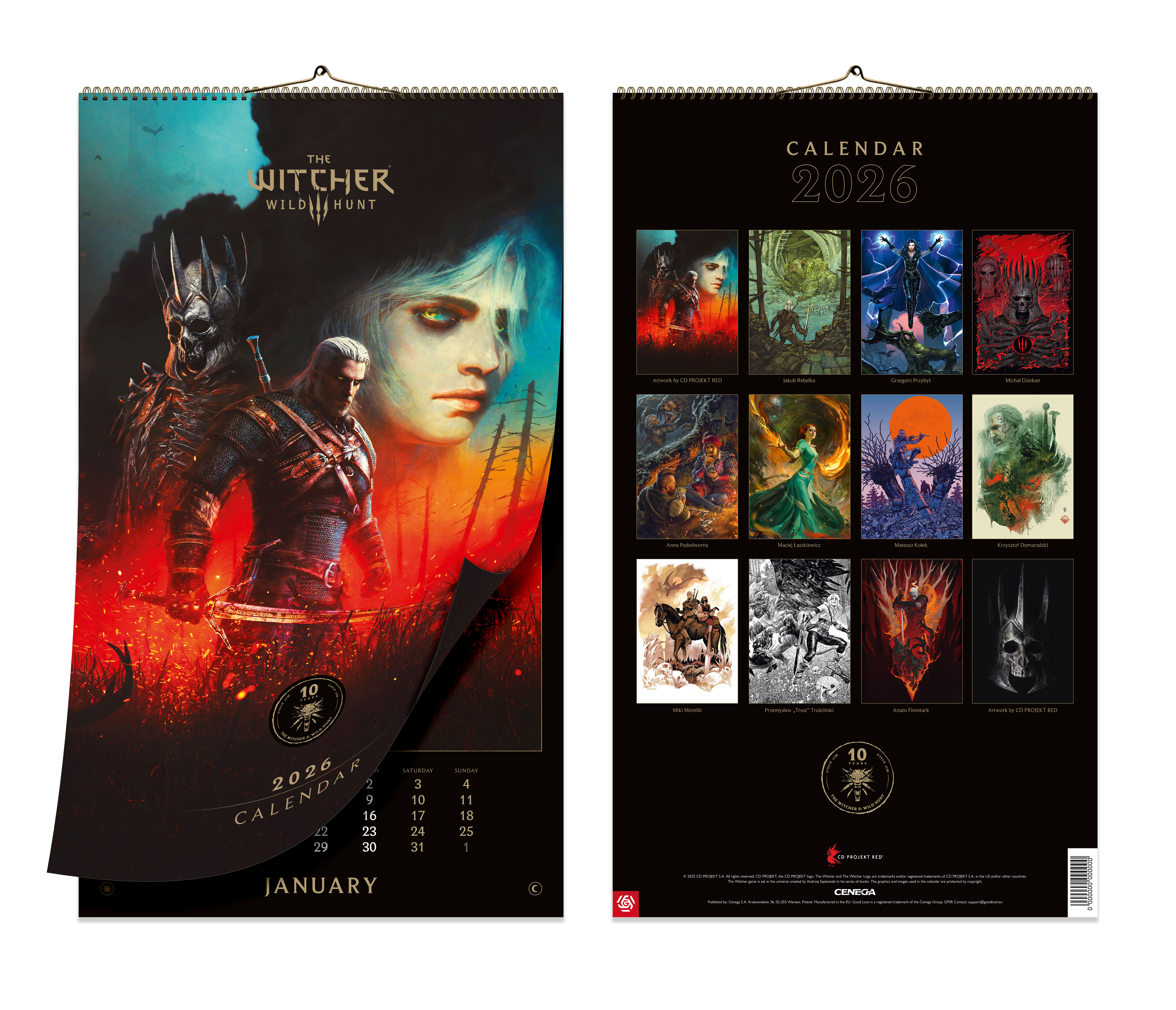 Kalendarz Wiedźmin 2026. Przedstawia Geralta i Ciri. Prawa strona zawiera wiele grafik.