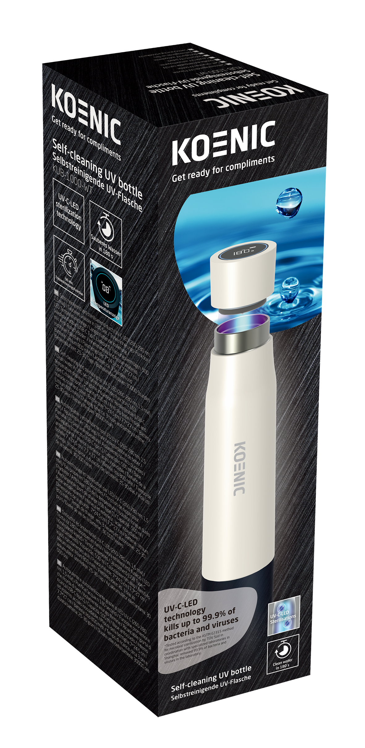 Verpackte UV-C-Selbstreinigungsflasche, weiß und silber, mit Produktinfo und Wassertropfen-Illustration.