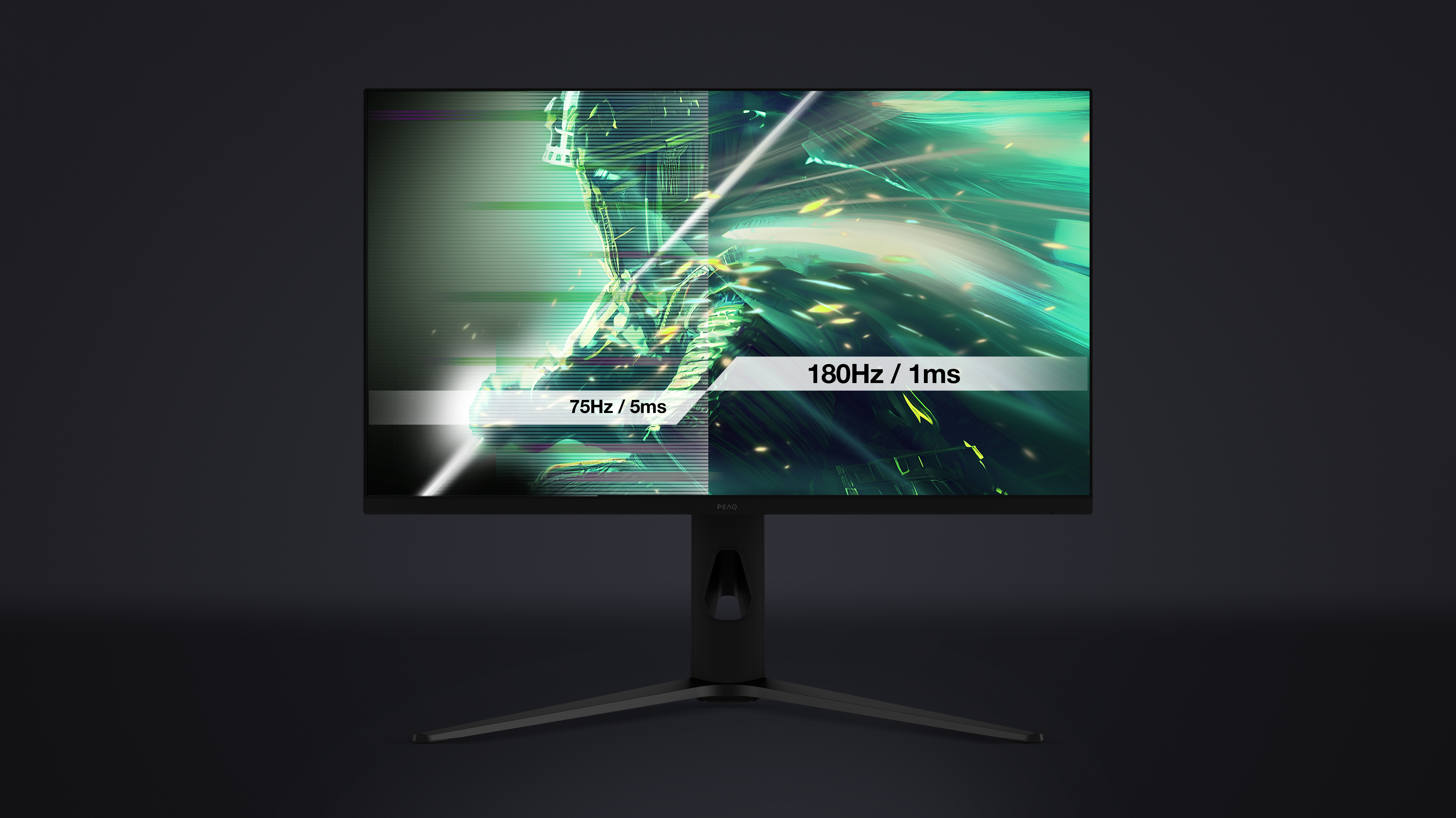 Der Monitorbildschirm zeigt eine geteilte Ansicht. Eine Seite zeigt 75 Hz/5 ms, die andere 180 Hz/1 ms. Das Display steht auf schwarzem Ständer, dunkler Hintergrund.