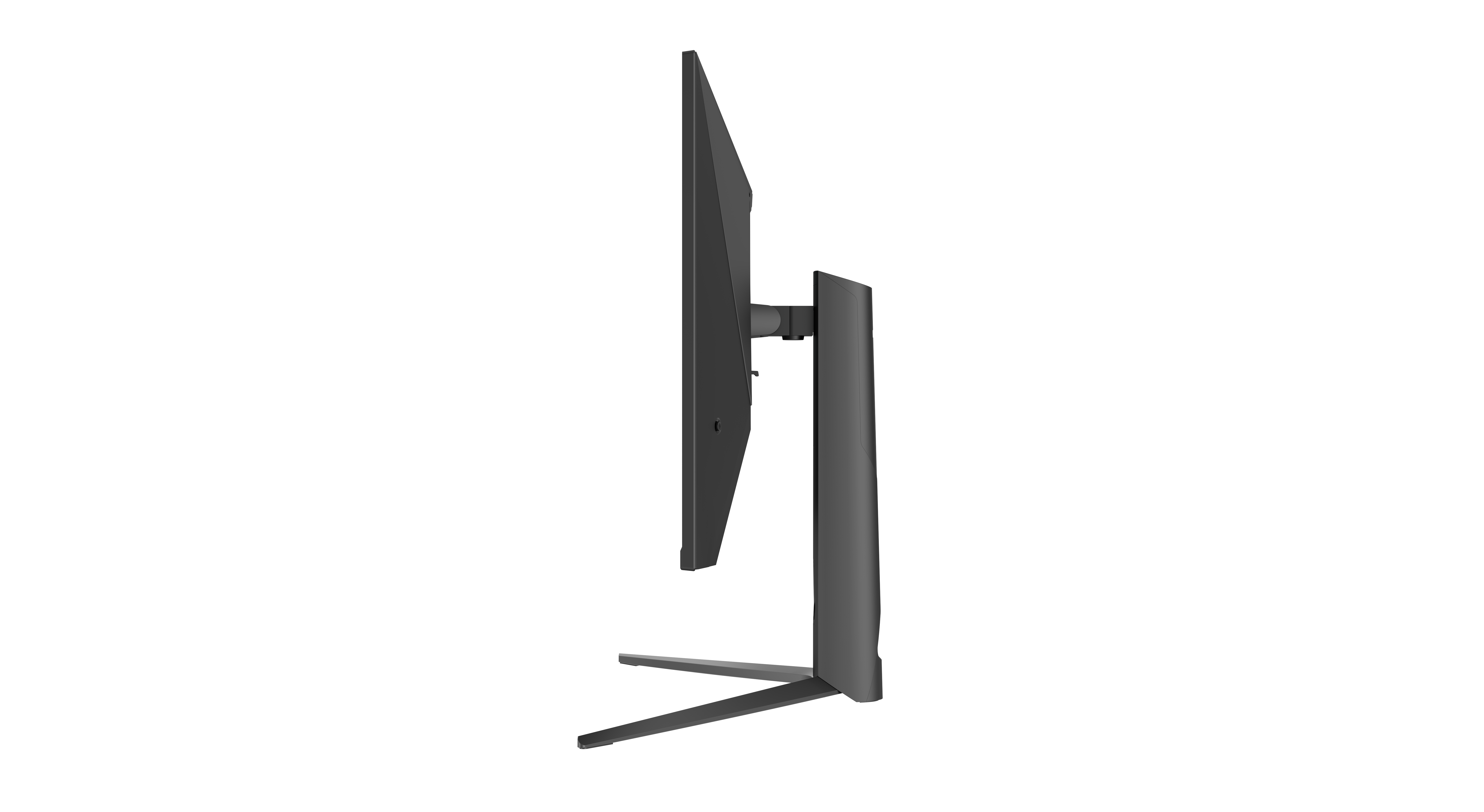 Seitenansicht eines schwarzen Computermonitors. Er hat einen Ständer mit zwei Beinen. Der Hintergrund ist weiß.