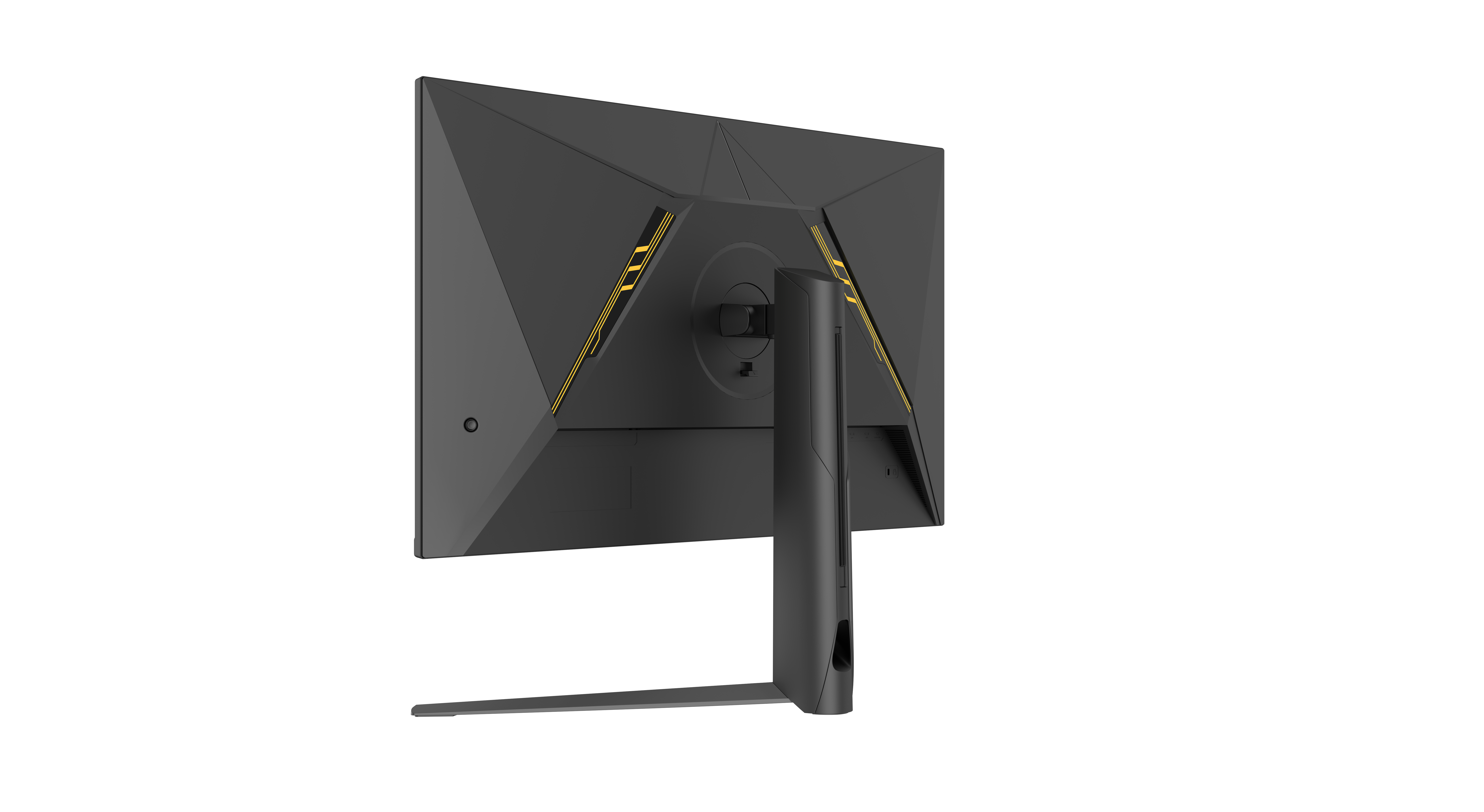 Die Rückseite eines schwarzen Gaming-Monitors mit gelben Akzenten wird vor weißem Hintergrund gezeigt.