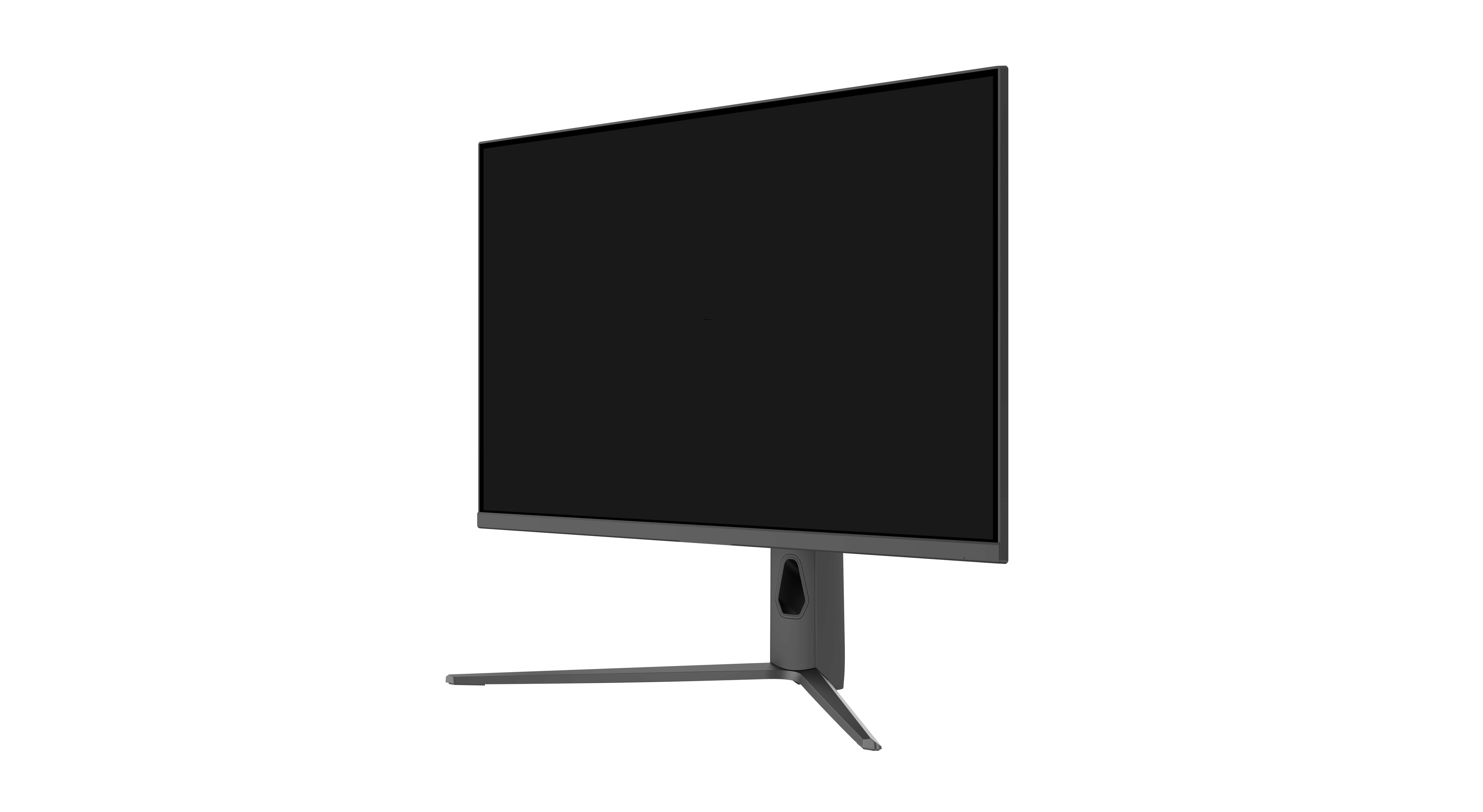 Ein moderner Computermonitor mit schwarzem Bildschirm und grauem Ständer, vor weißem Hintergrund.