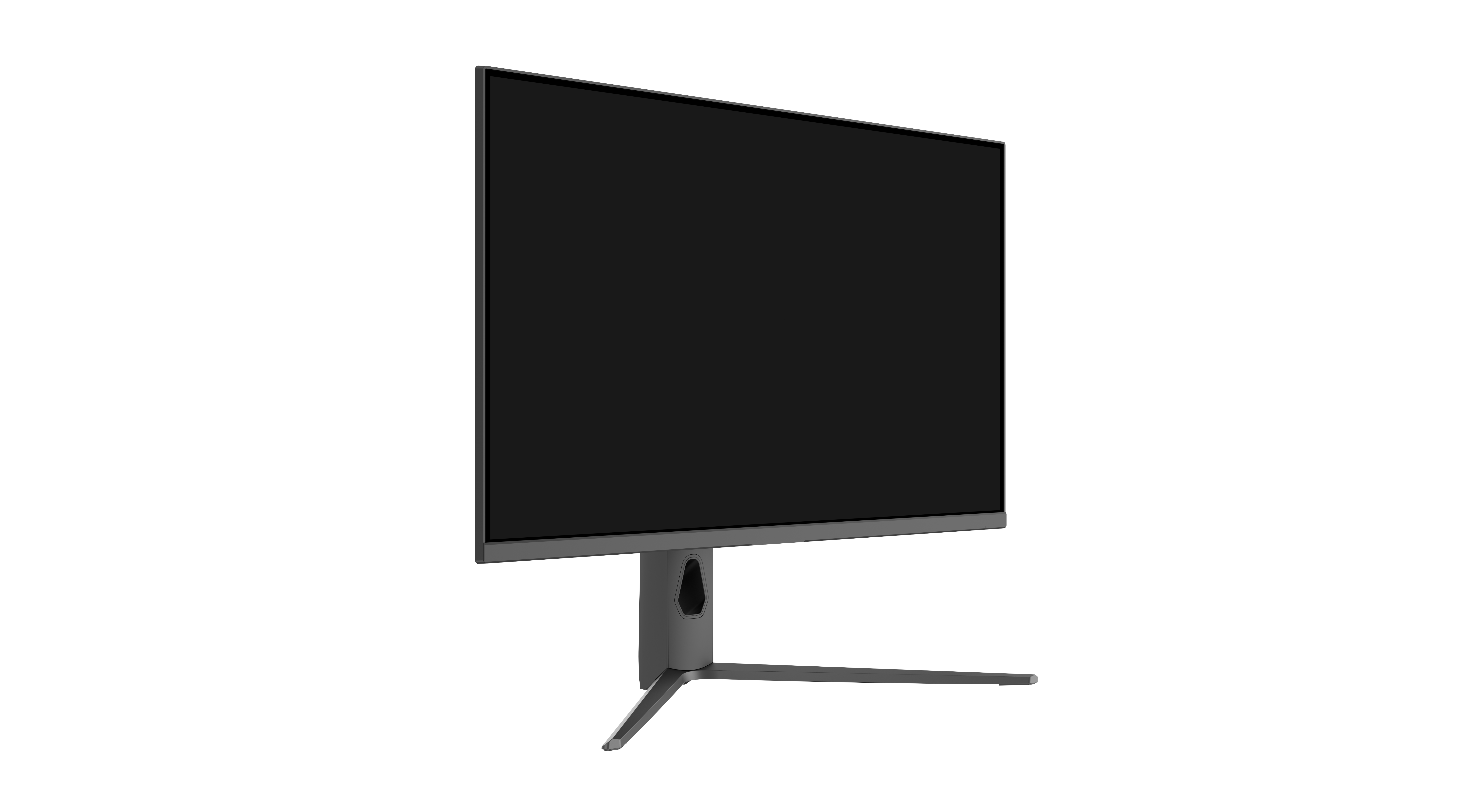 Ein moderner Computermonitor mit dunklem Bildschirm, grauem Rahmen und Ständer, vor weißem Hintergrund.