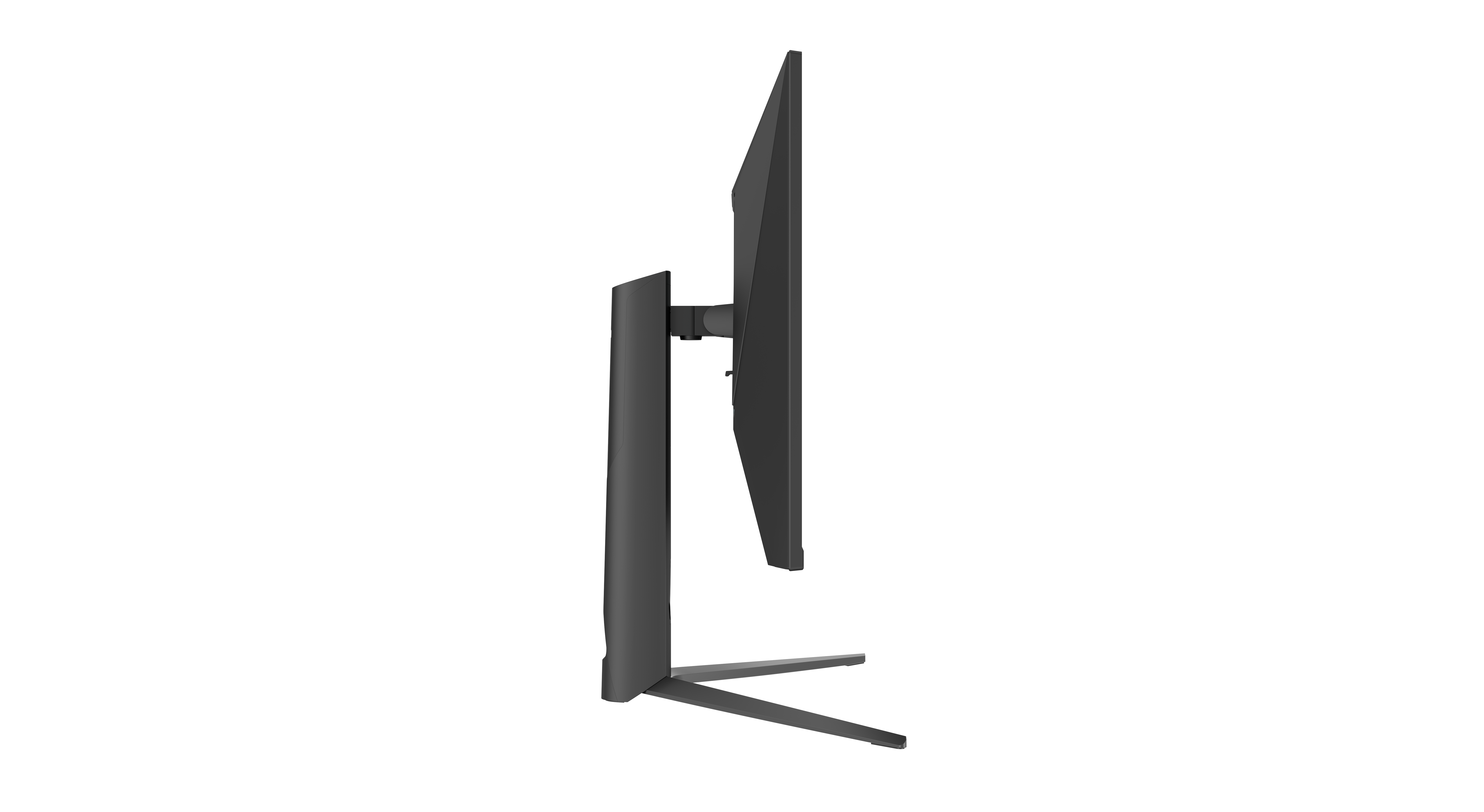 Seitenansicht eines schwarzen Computermonitors. Der Bildschirm ist dünn und wird von einem Ständer getragen. Der Hintergrund ist weiß.