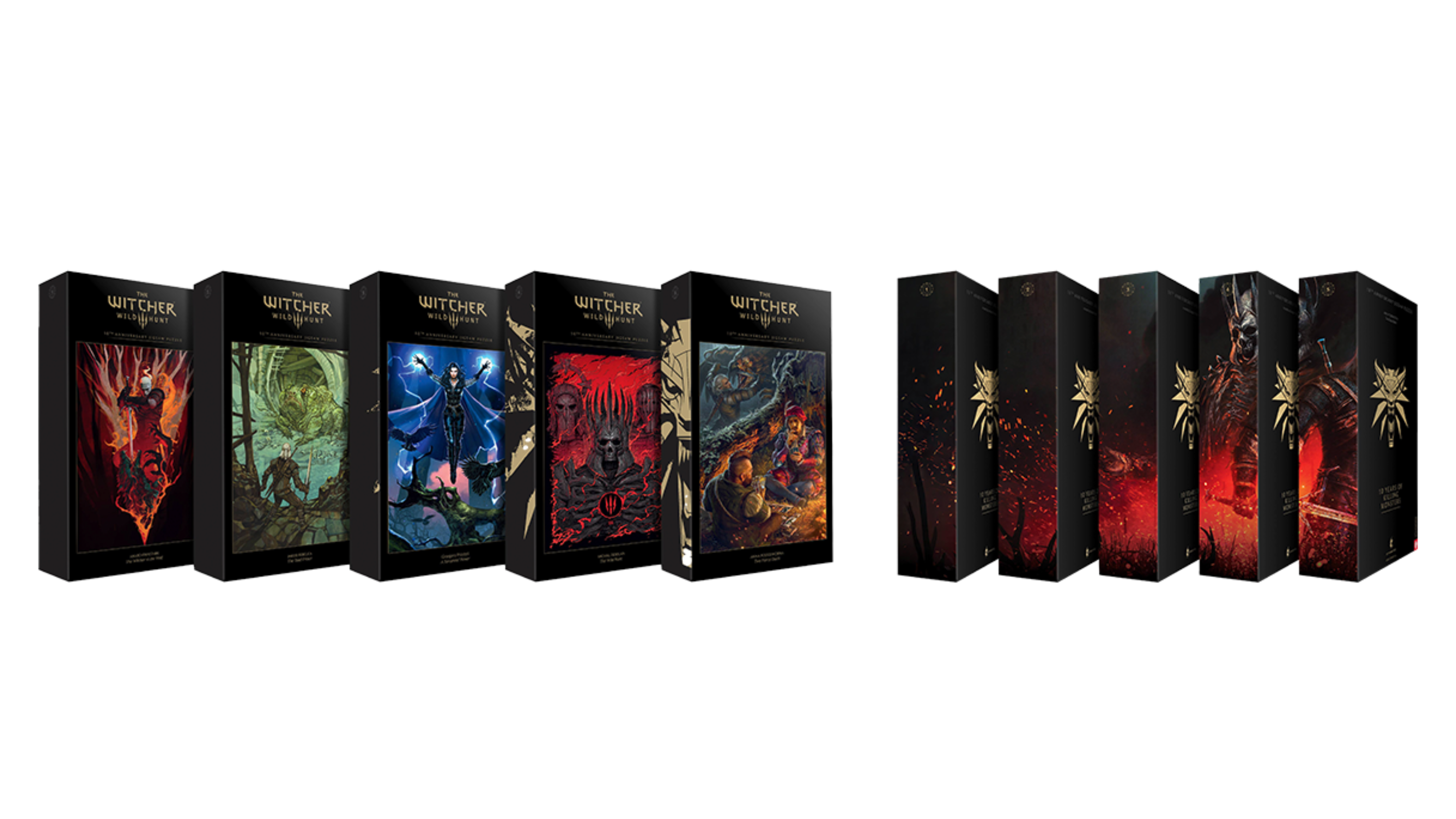 Wyświetlanych jest kilka pudełek z grą Witcher Wild Hunt, pokazujących kolorowe ilustracje na czarnych tłach. Pudełka są ułożone w rzędzie.