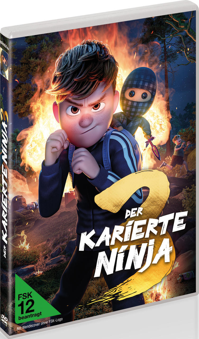 DVD-Cover für 'Der karierte Ninja 3'. Ein Junge und ein Ninja kämpfen. Flammen und Wald im Hintergrund.