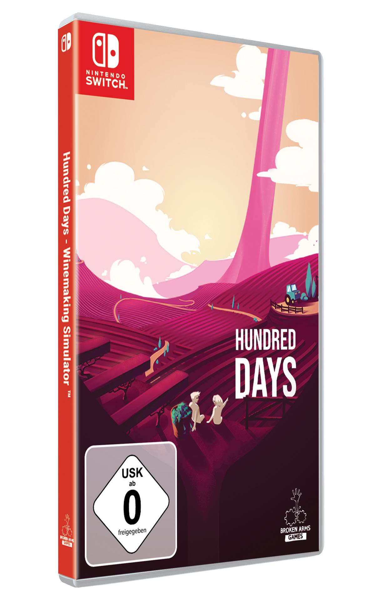 Nintendo Switch Spielhülle. Illustration von Weinberg, Traktor und Figuren. Titel: Hundred Days - Winemaking Simulator.
