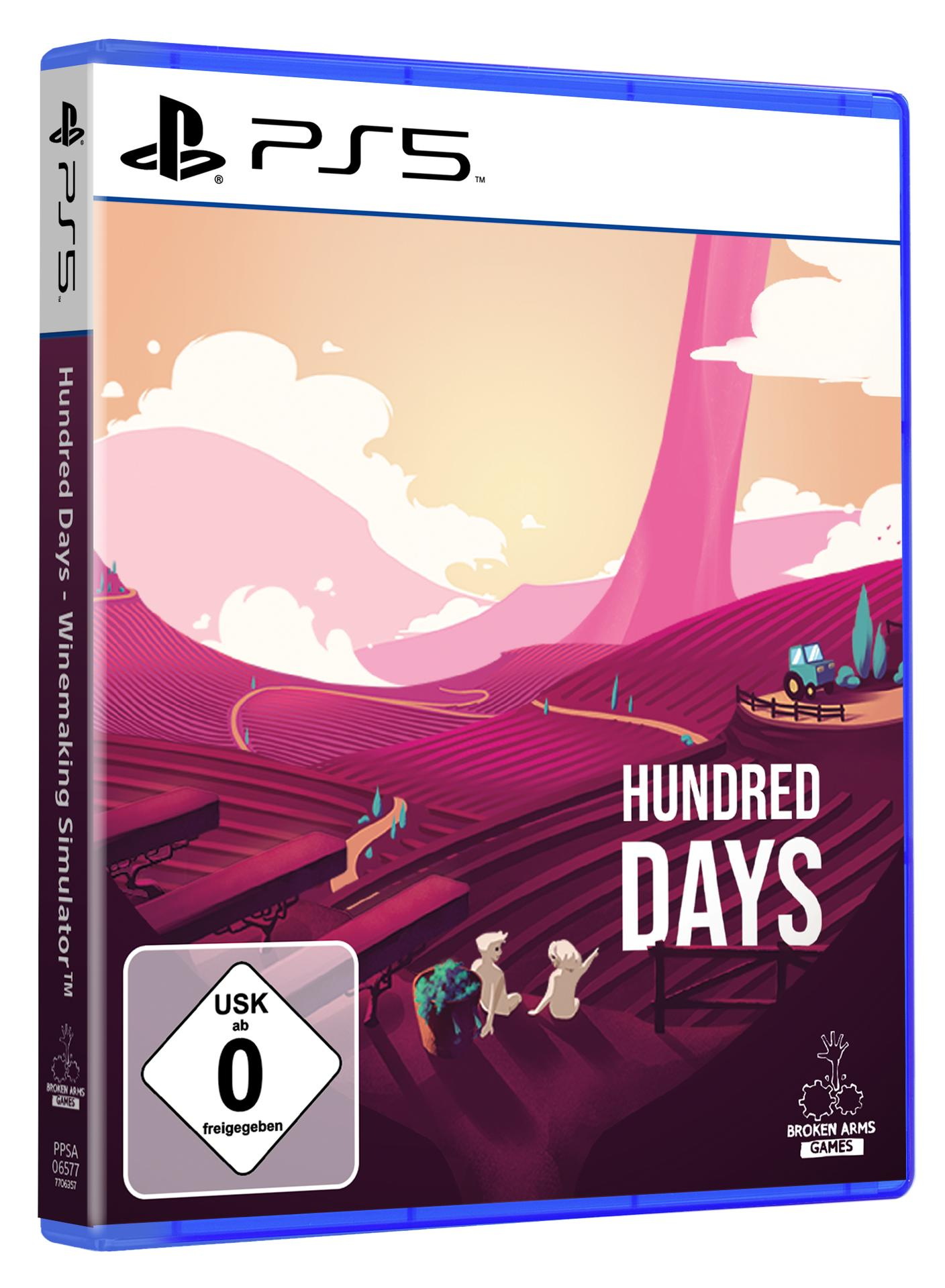 PS5-Spielbox-Art für Hundred Days. Eine Weinberg-Szene mit einem Traktor und dem Spieltitel in weißen Buchstaben.