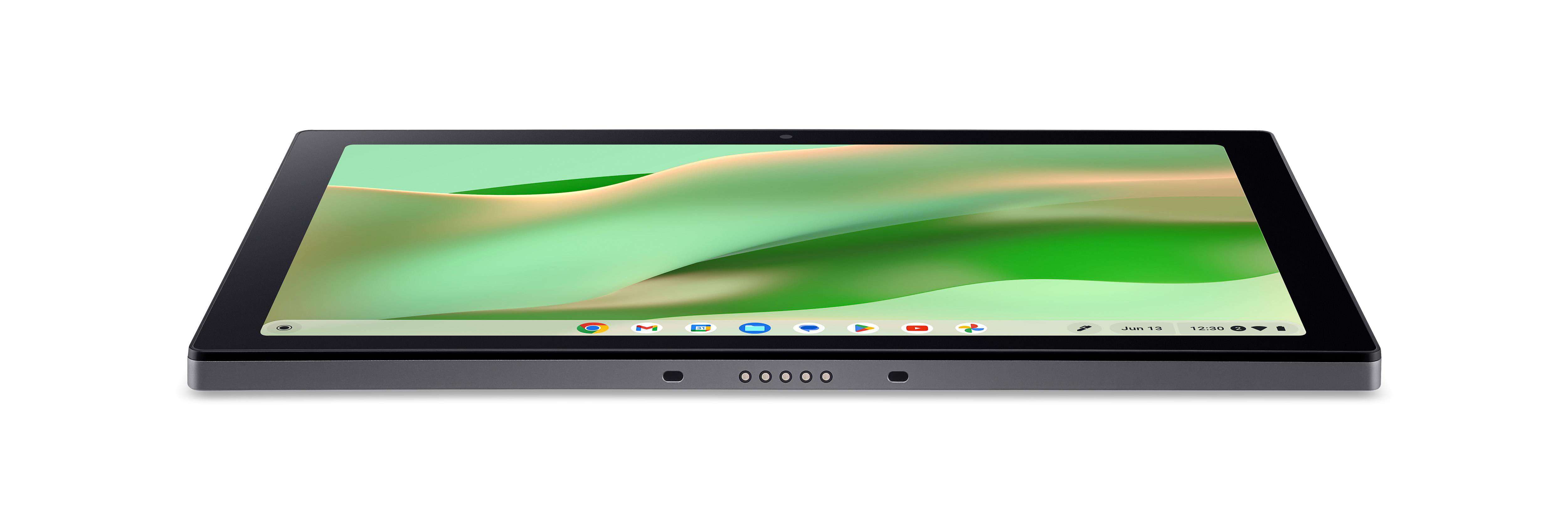 Ein Tablet mit schwarzem Rahmen und grün-weißem Hintergrund auf dem Bildschirm. Das Tablet ist grau.