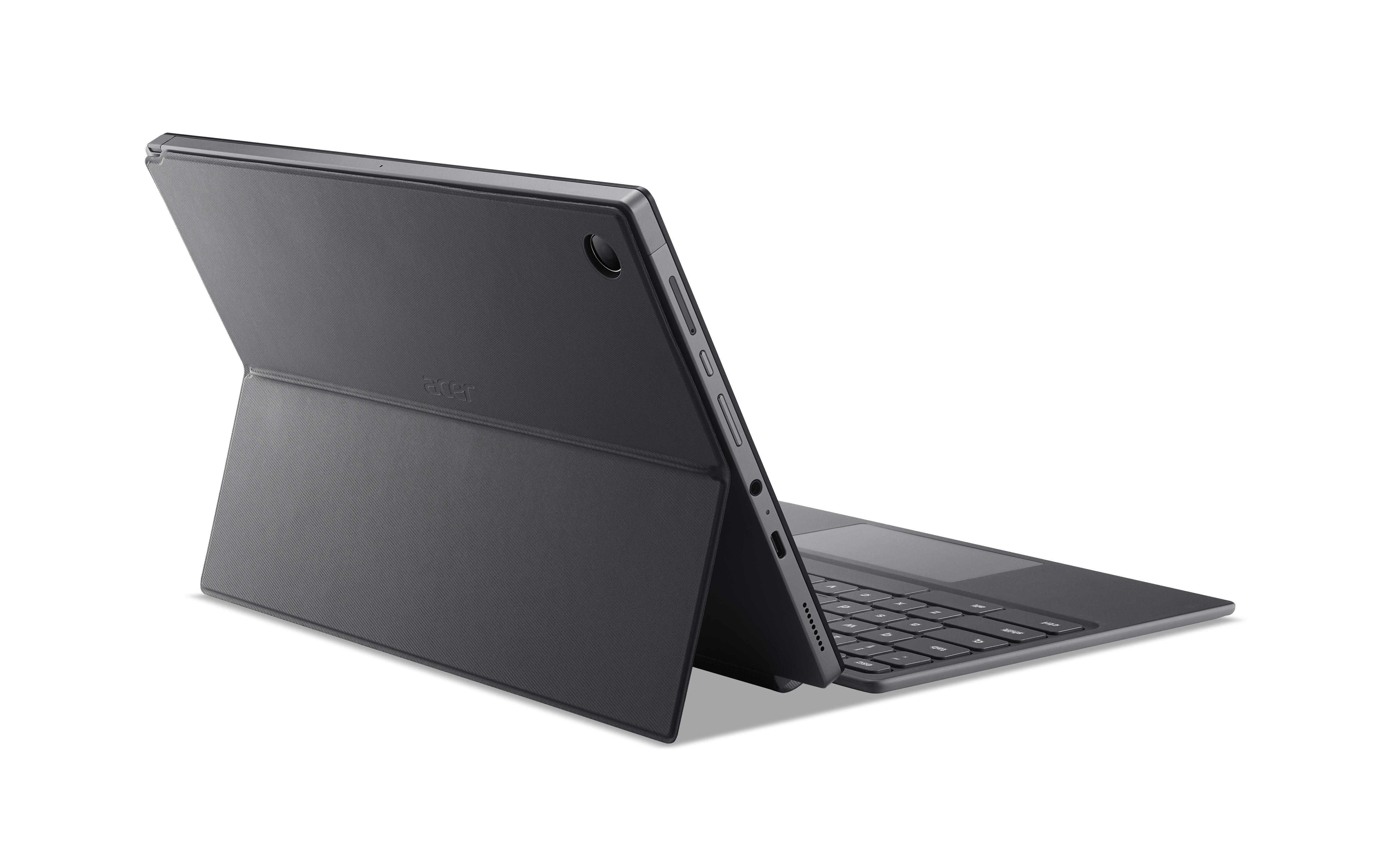 Acer-Tablet mit Tastaturabdeckung. Die Abdeckung ist geöffnet. Tablet und Tastatur sind dunkelgrau.