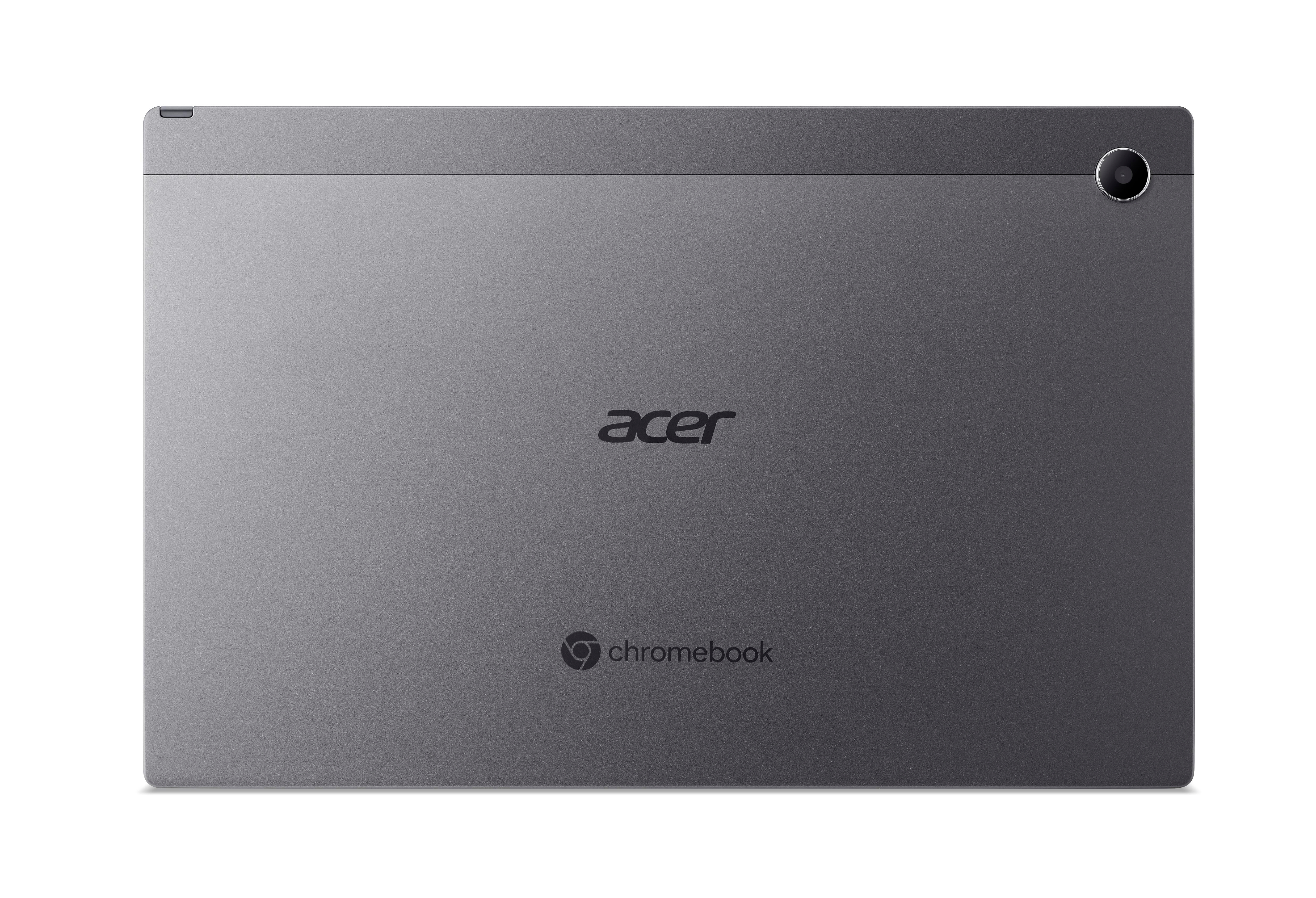 Rückseite eines grauen Acer Chromebook Tablets. Es hat die Acer und Chromebook Logos.