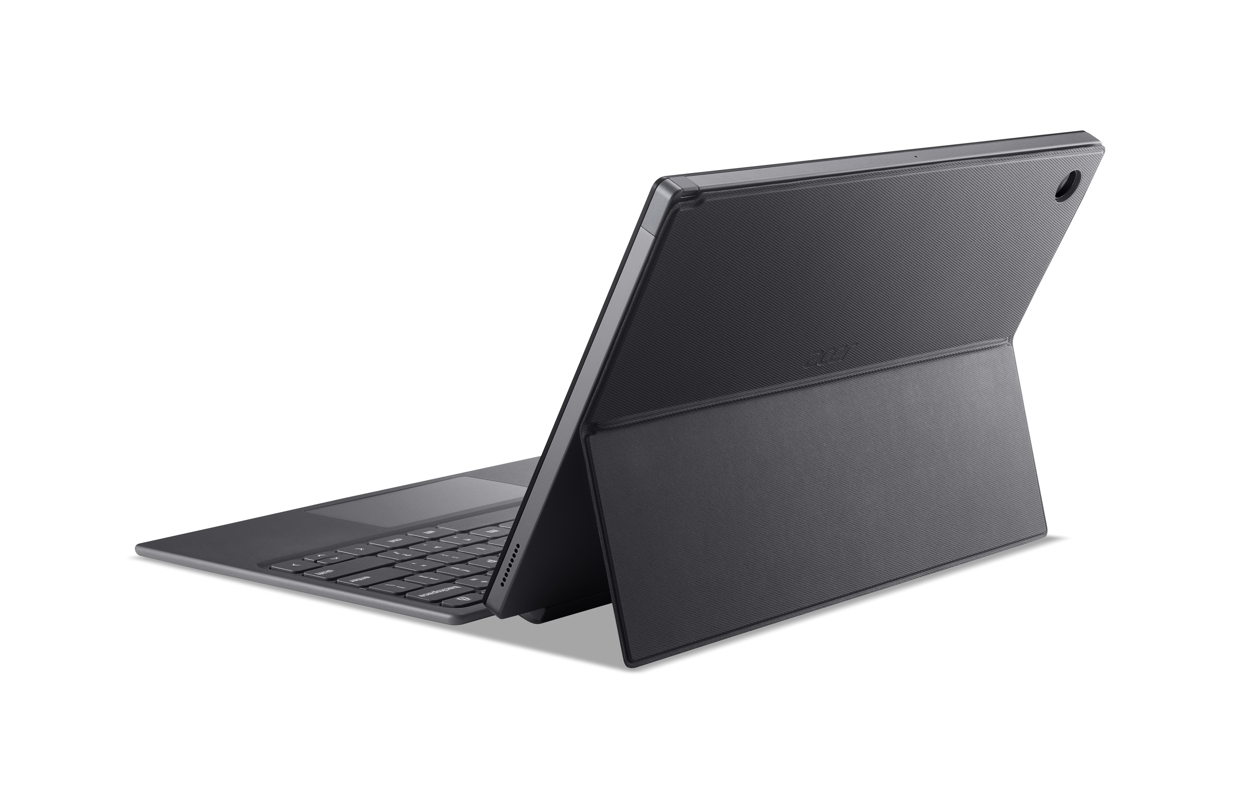 Ein dunkelgraues Acer-Tablet mit Tastaturabdeckung ist angewinkelt geöffnet. Der Hintergrund ist weiß.