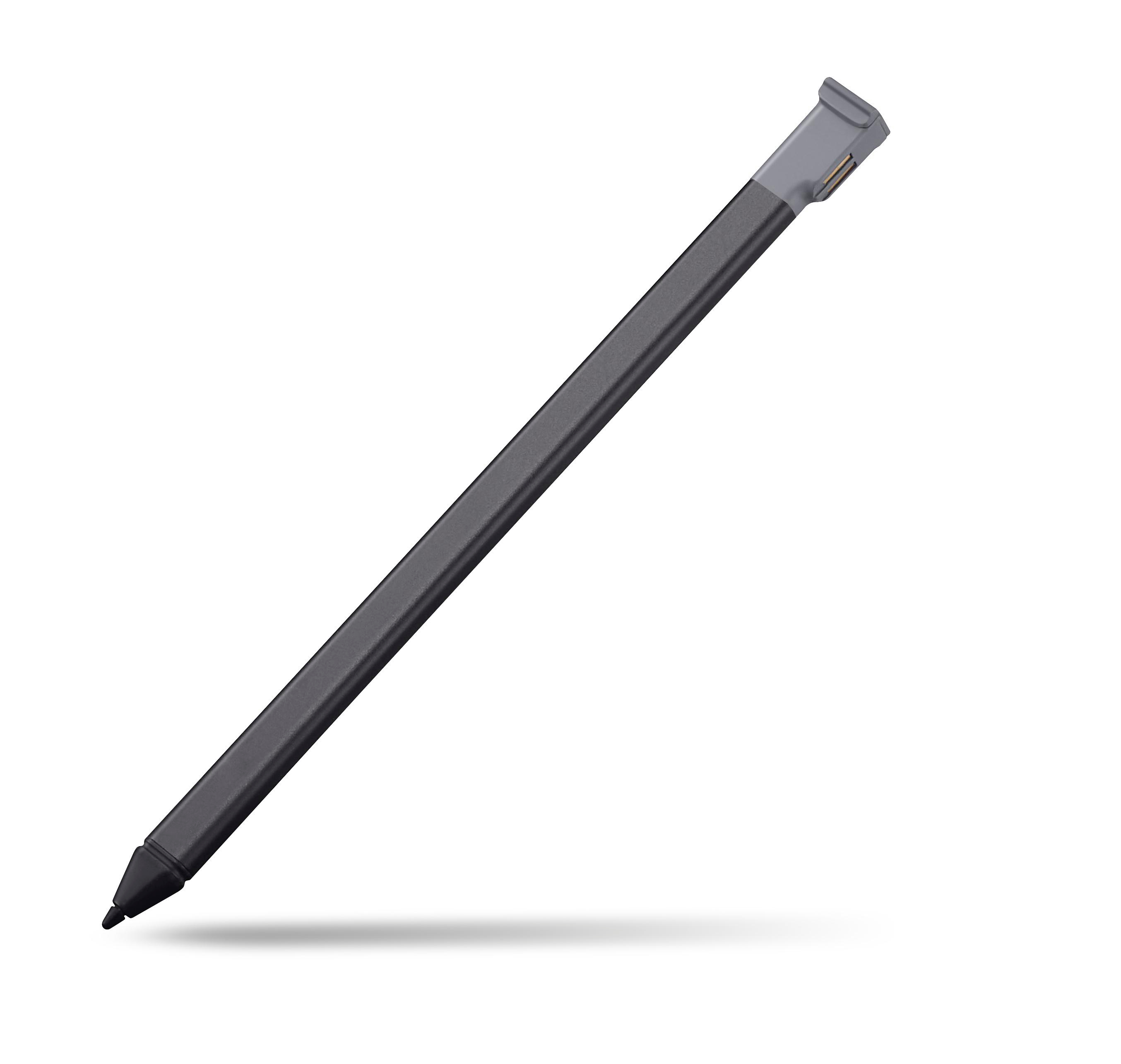 Ein Stift, schwarzer Körper und grauer Deckel, schräg auf weißem Hintergrund, mit Schatten.