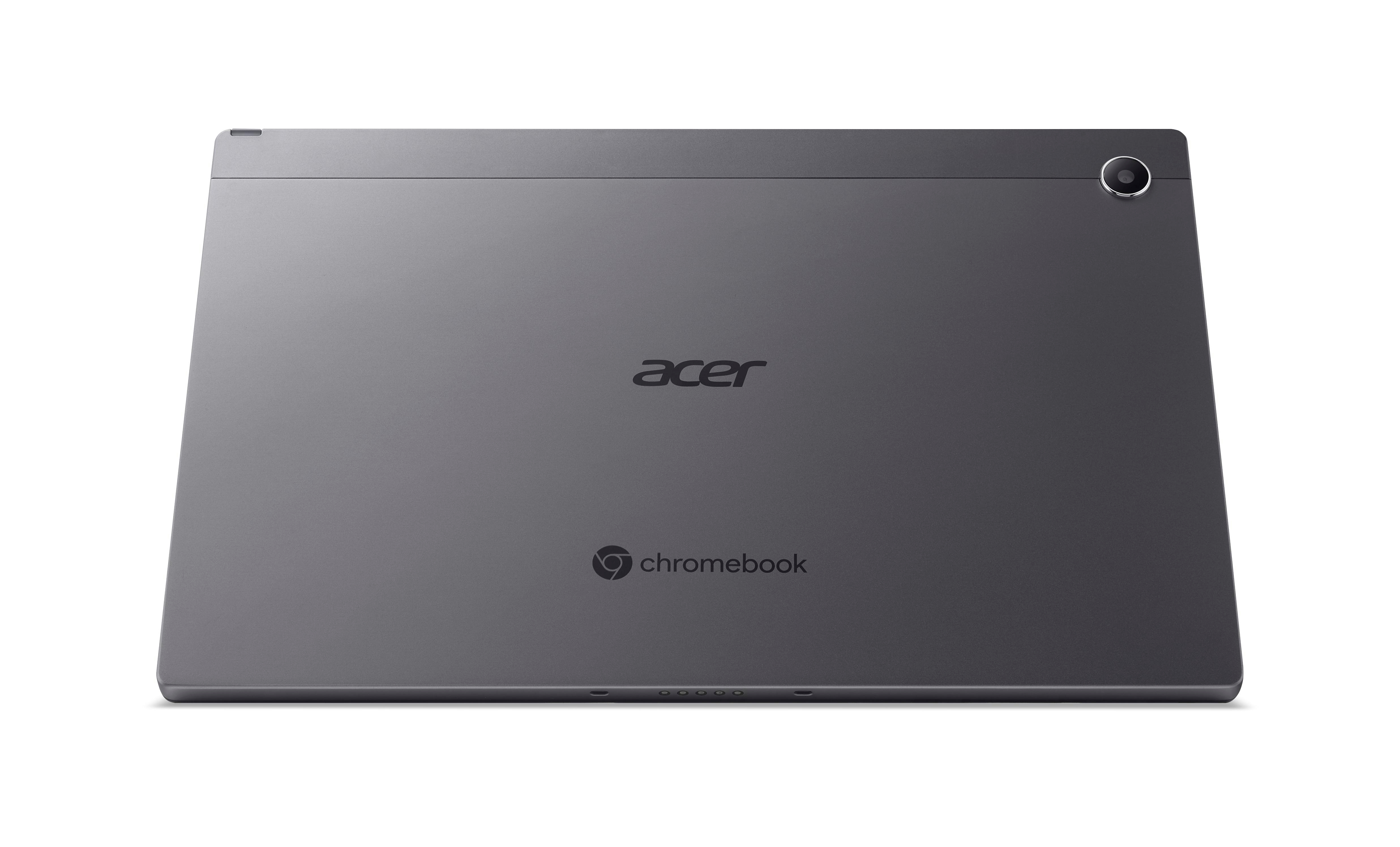 Die Rückseite eines grauen Acer Chromebook-Tablets wird gezeigt. Es hat eine Kamera, Acer- und Chromebook-Logos.