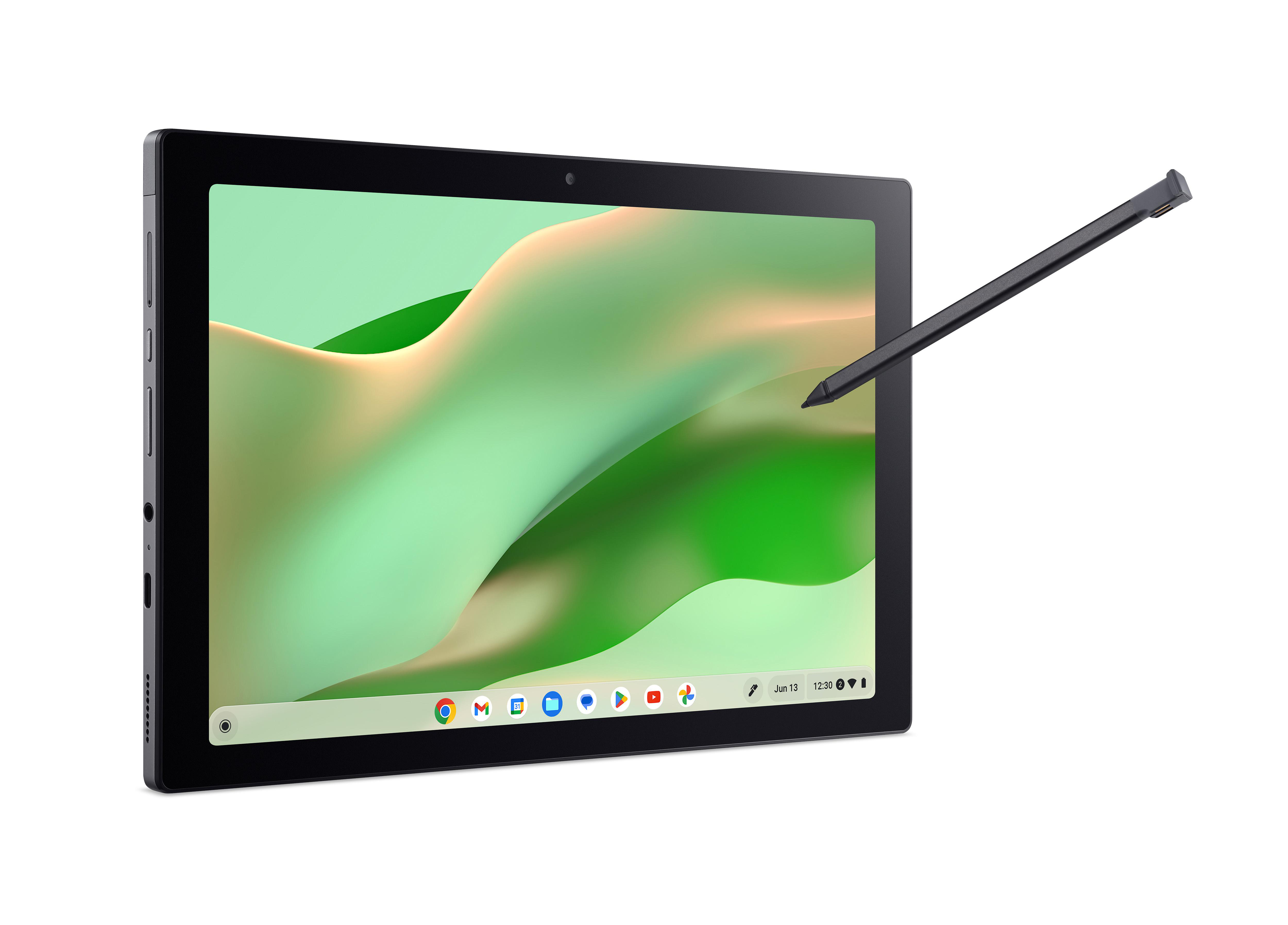 Ein schwarzes Tablet mit Stift. Der Bildschirm zeigt ein grünes und weißes abstraktes Design. Auf weißem Hintergrund.