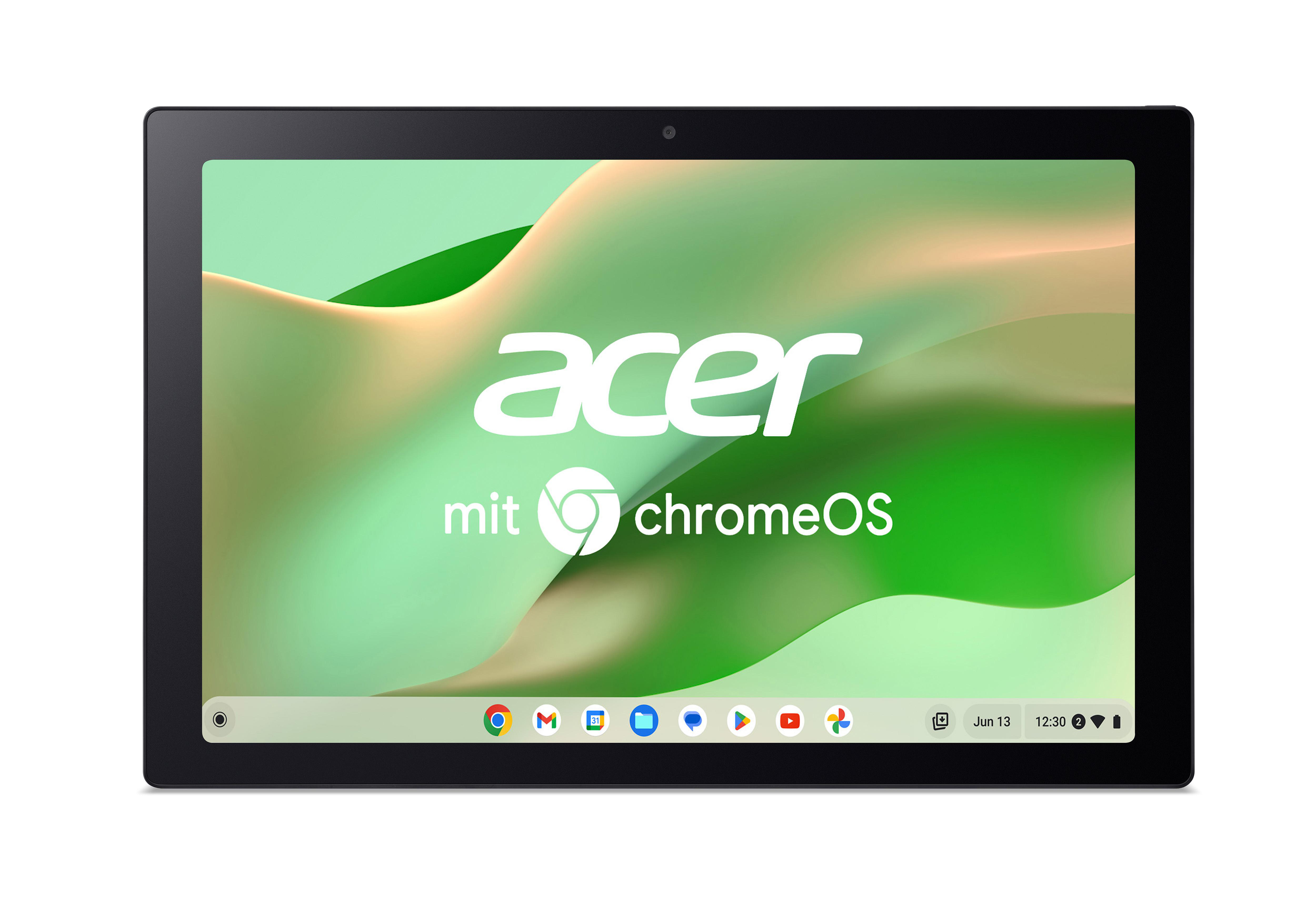 Acer-Tablet mit Chrome OS. Der Bildschirm zeigt das Acer-Logo und einen grünen abstrakten Hintergrund.